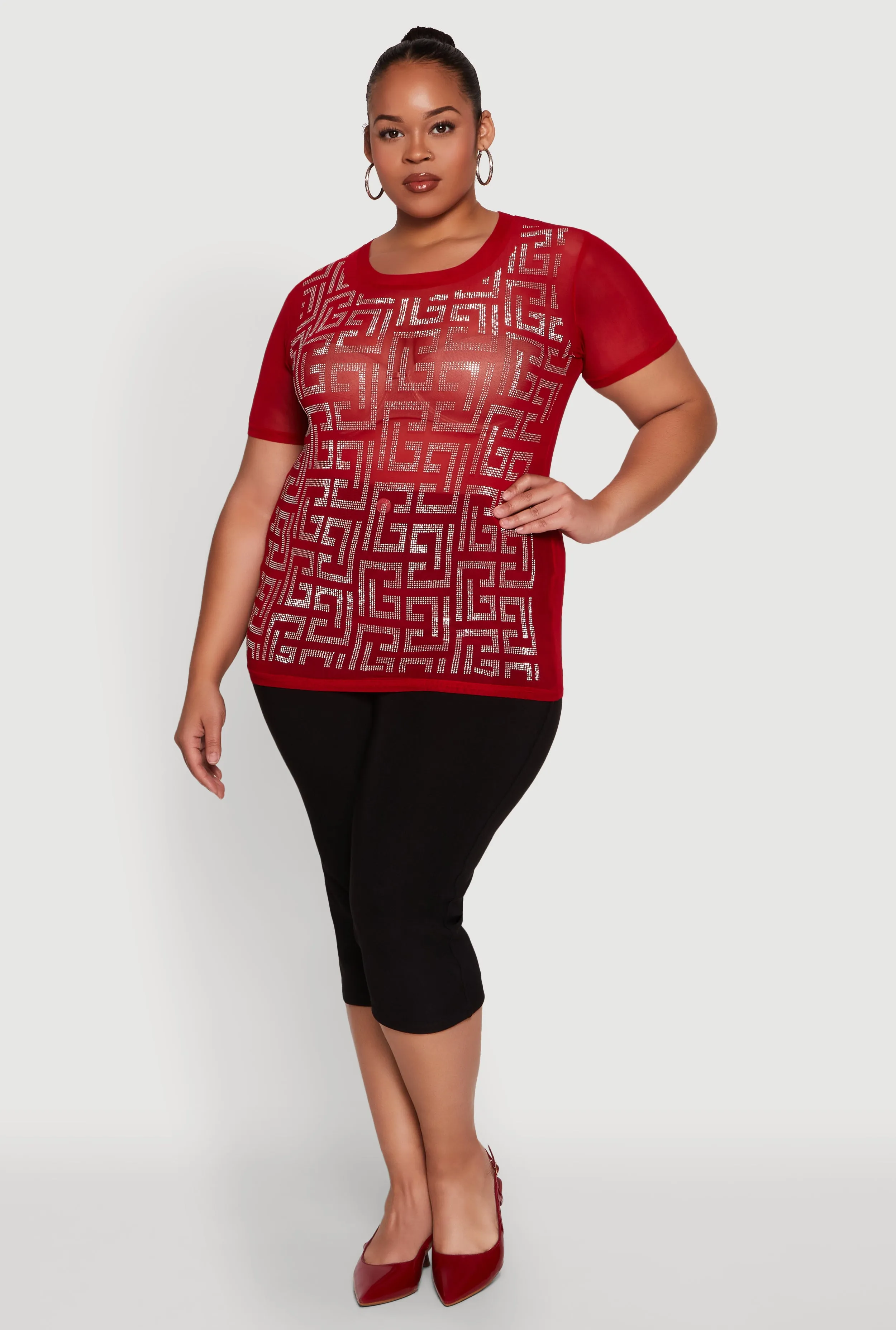 Plus Size Mesh Rhinestone Greek Key Top sold by Rainbow