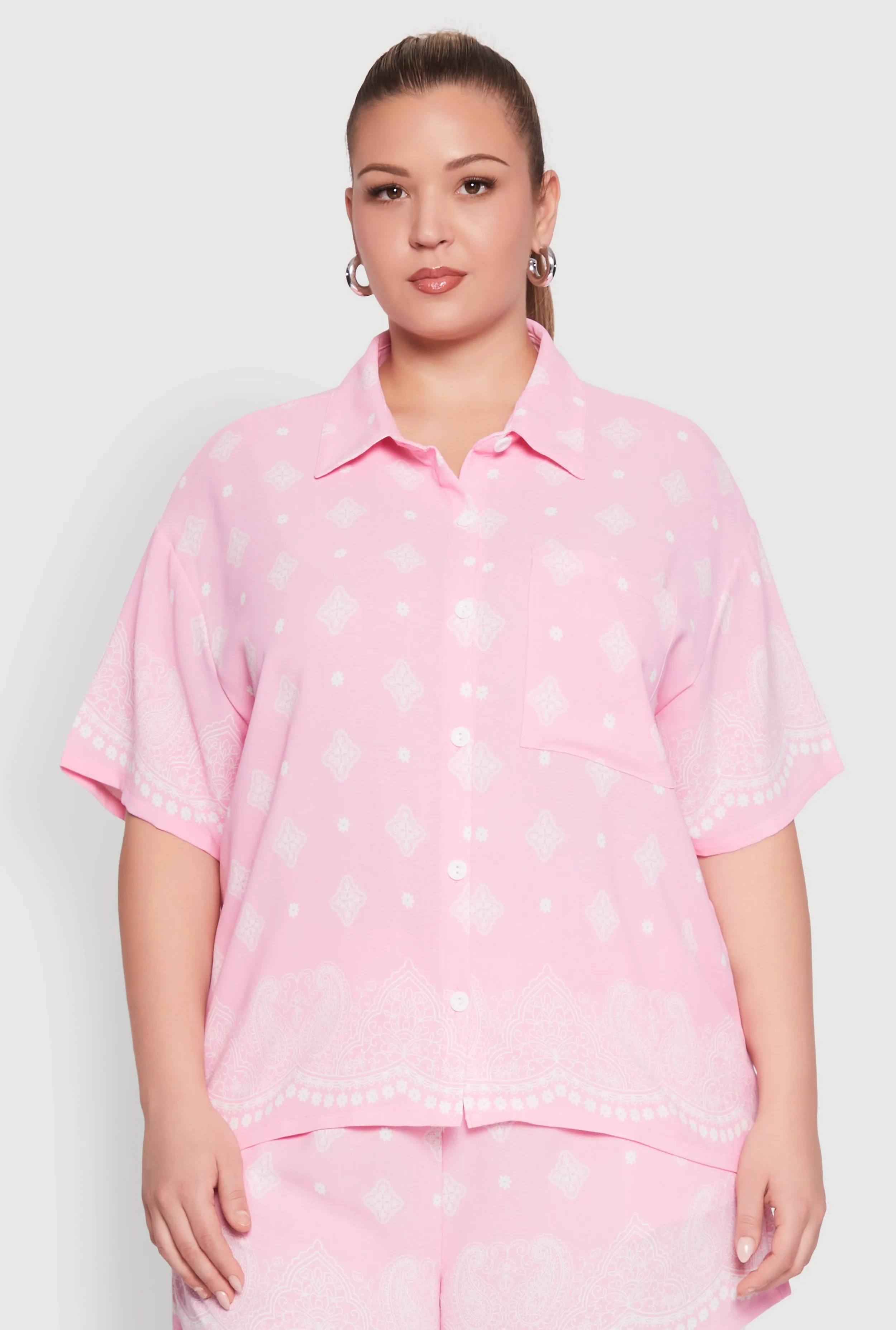 Plus Size Crepe Knit Bandana Print Oversized Shirt sold by Rainbow