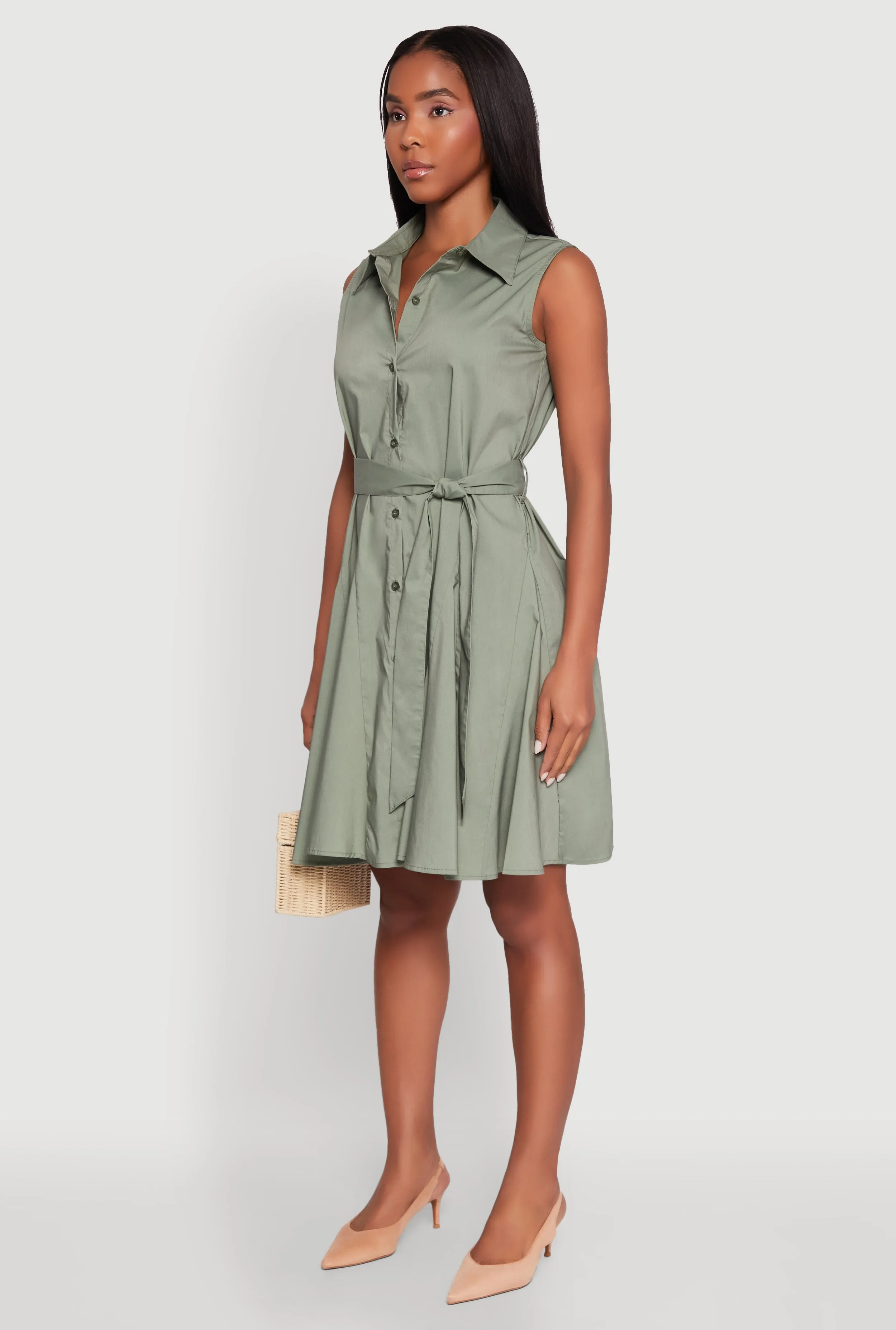 Tie Waist Belted Sleeveless Pleated Shirt Dress sold by Rainbow product image thumbnail 3