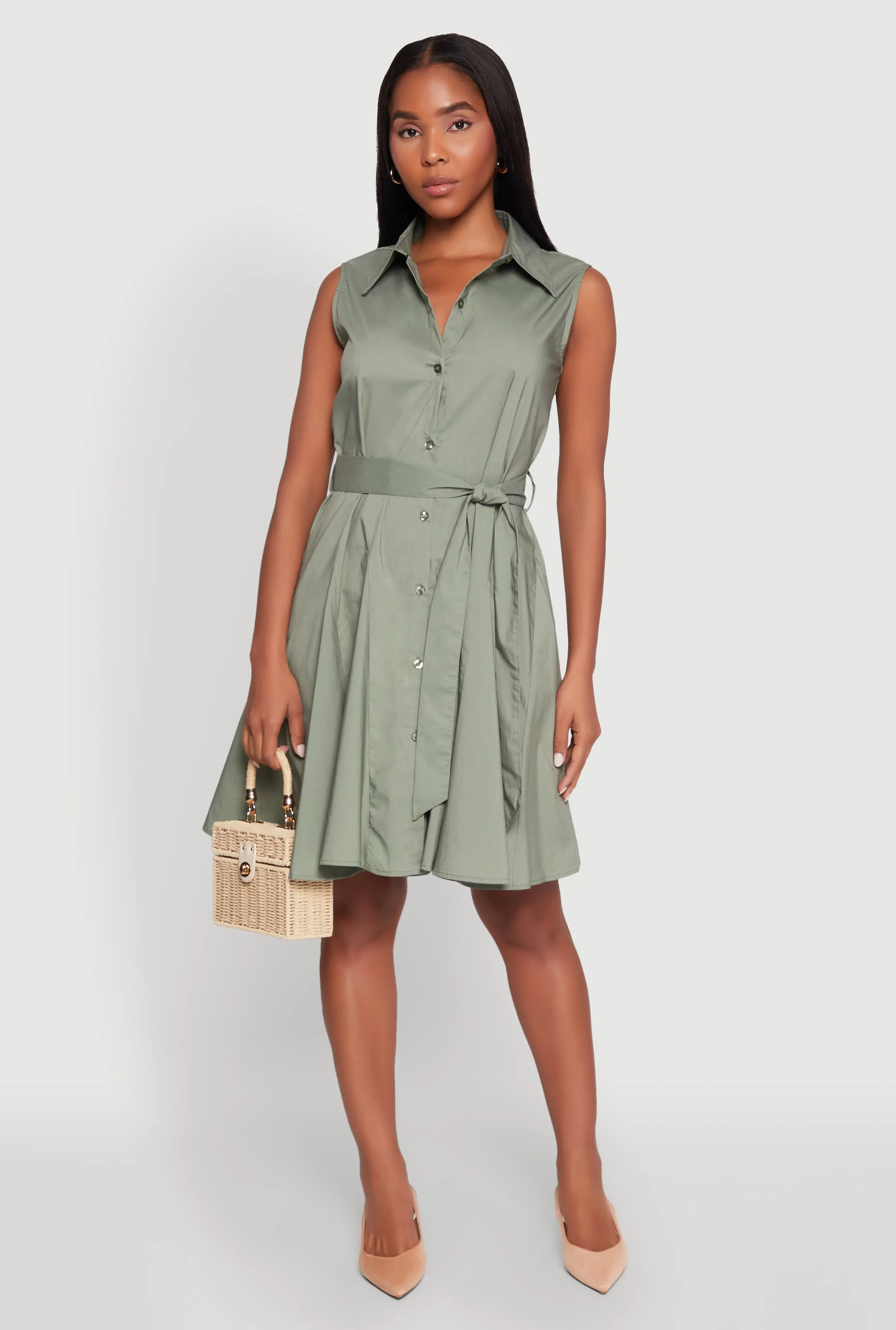 Tie Waist Belted Sleeveless Pleated Shirt Dress sold by Rainbow product image thumbnail 2