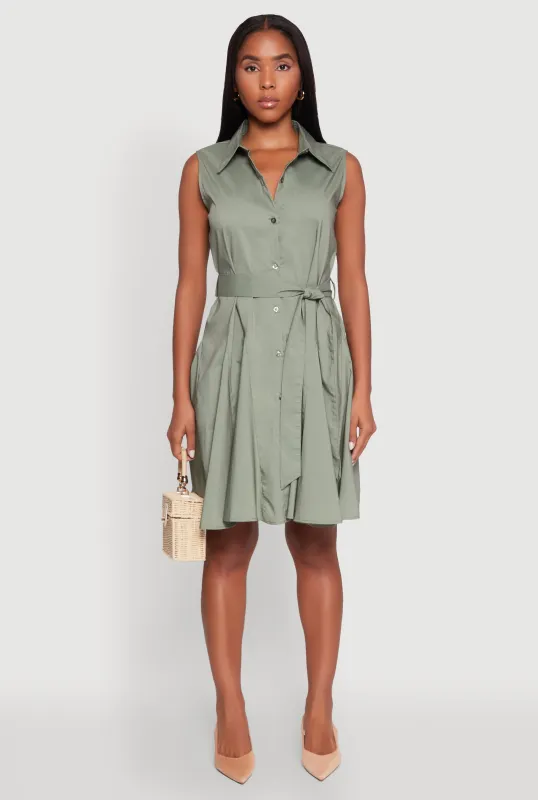 Tie Waist Belted Sleeveless Pleated Shirt Dress sold by Rainbow