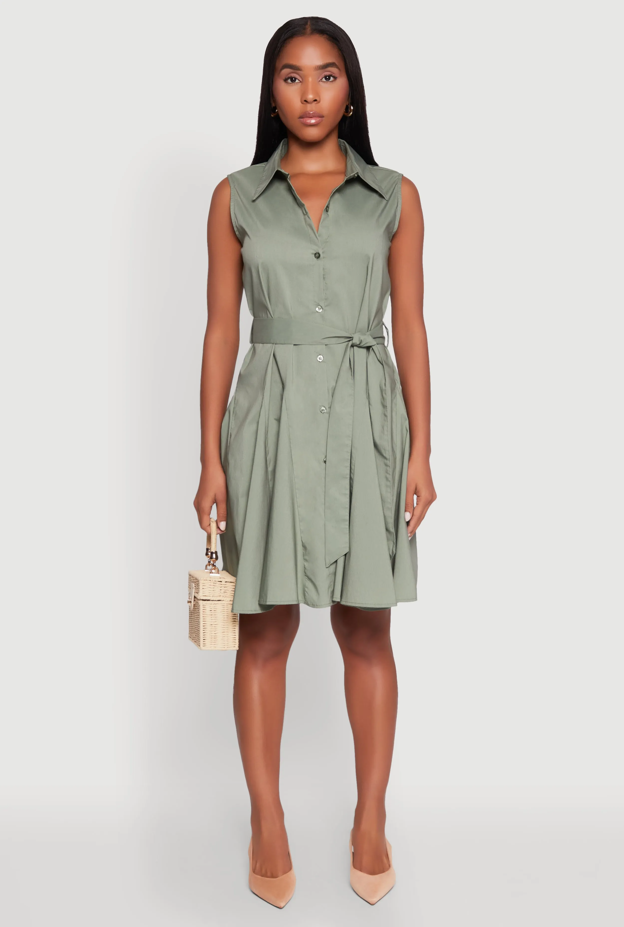 Tie Waist Belted Sleeveless Pleated Shirt Dress sold by Rainbow
