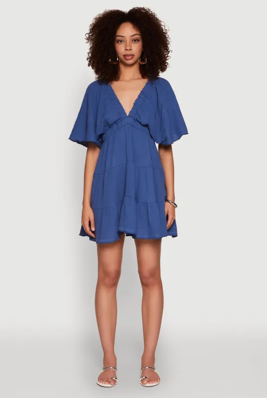 Gauze Knit Plunge Tiered Mini Dress sold by Rainbow