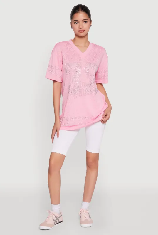 Rhinestone Graphic Short Sleeve Jersey Top sold by Rainbow