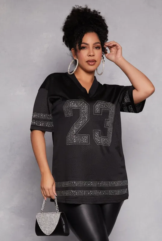 Plus Size Rhinestone Graphic Short Sleeve Jersey Top sold by Rainbow