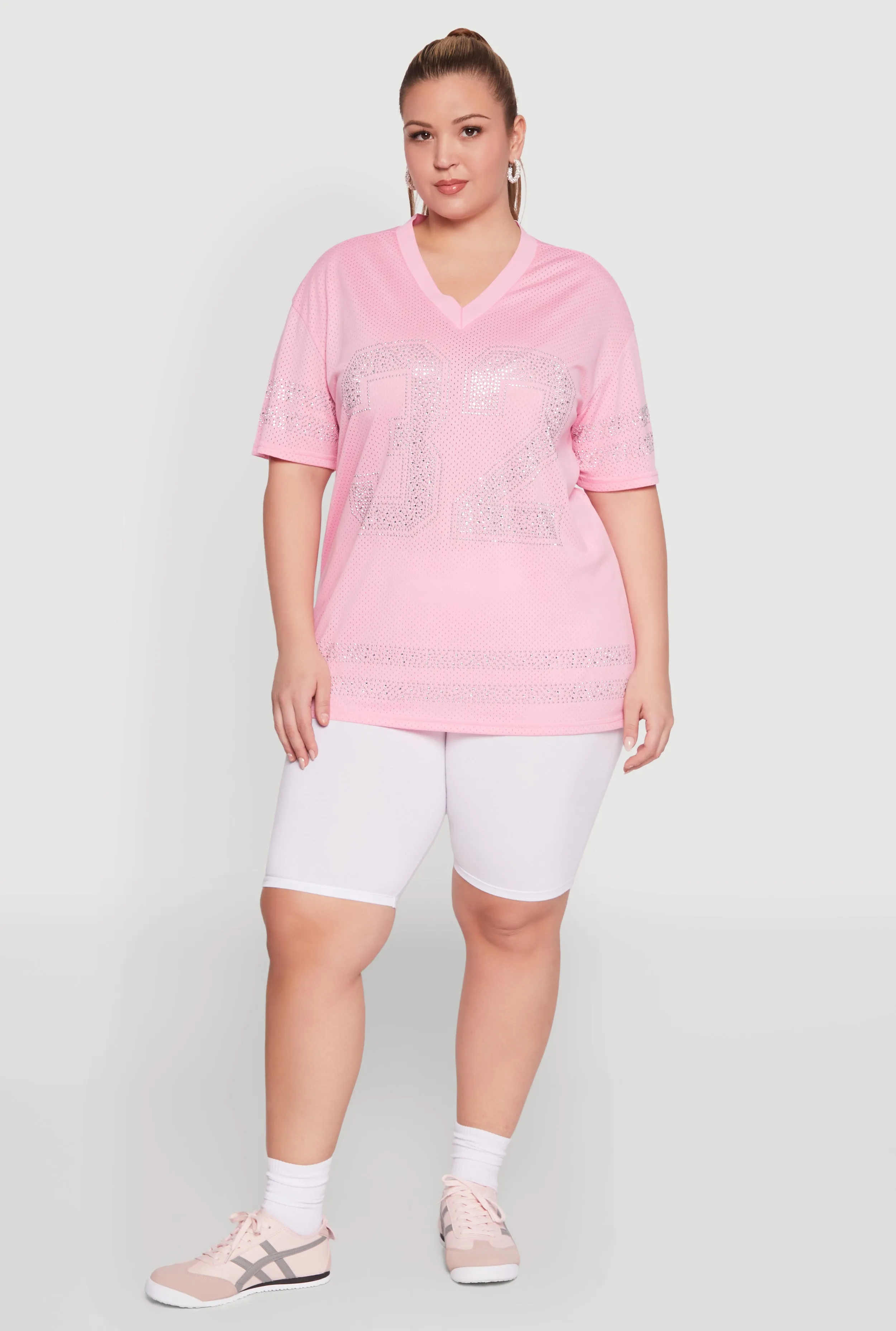Plus Size Rhinestone Graphic Short Sleeve Jersey Top sold by Rainbow