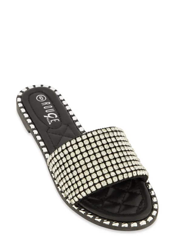 Studded Trim Rhinestone Single Band Slide Sandals sold by Rainbow