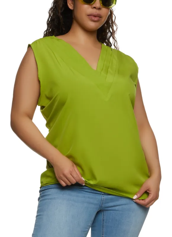 Plus Size Sleeveless Pleated V Neck Blouse sold by Rainbow