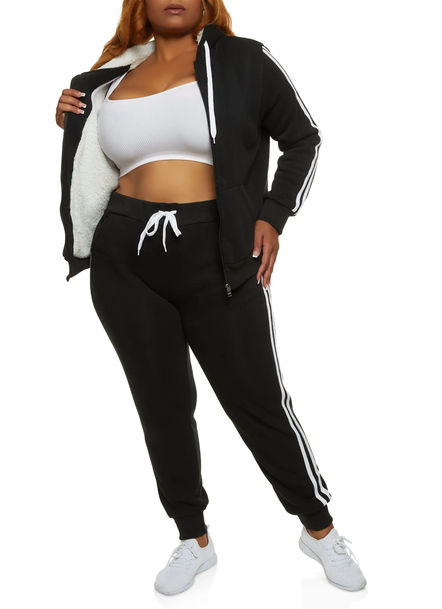Plus Size Sherpa Lined Varsity Striped Sleeve Zip Hoodie sold by Rainbow product image thumbnail 2