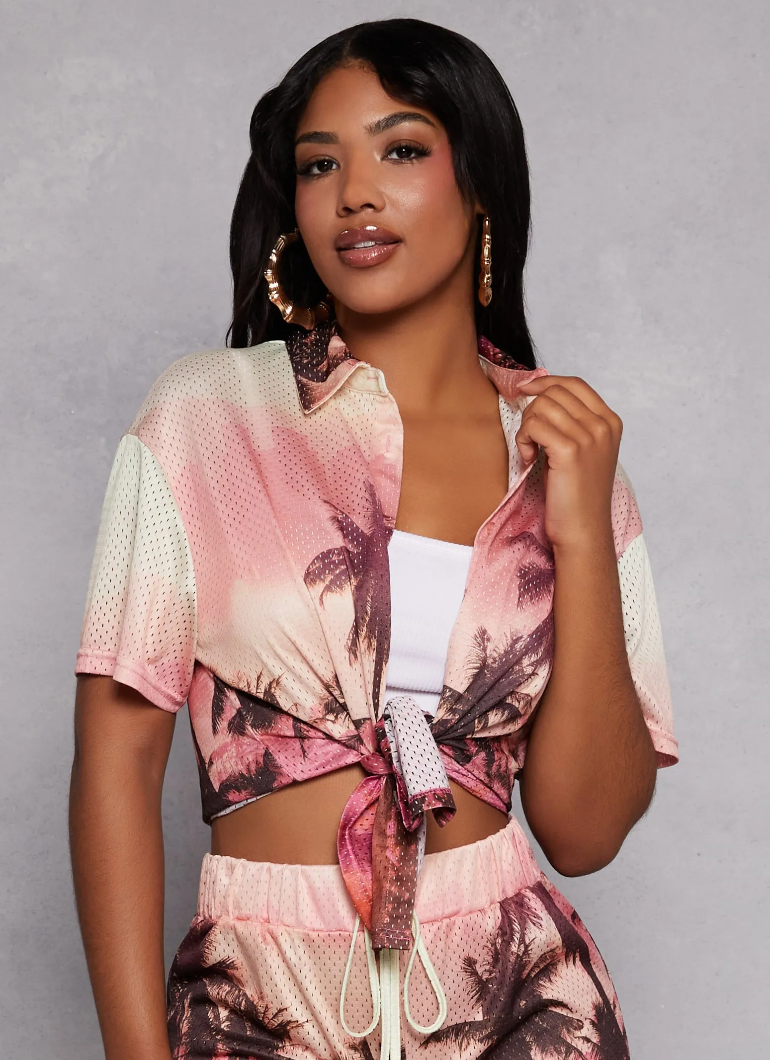 Palm Tree Print Button Front Top sold by Rainbow