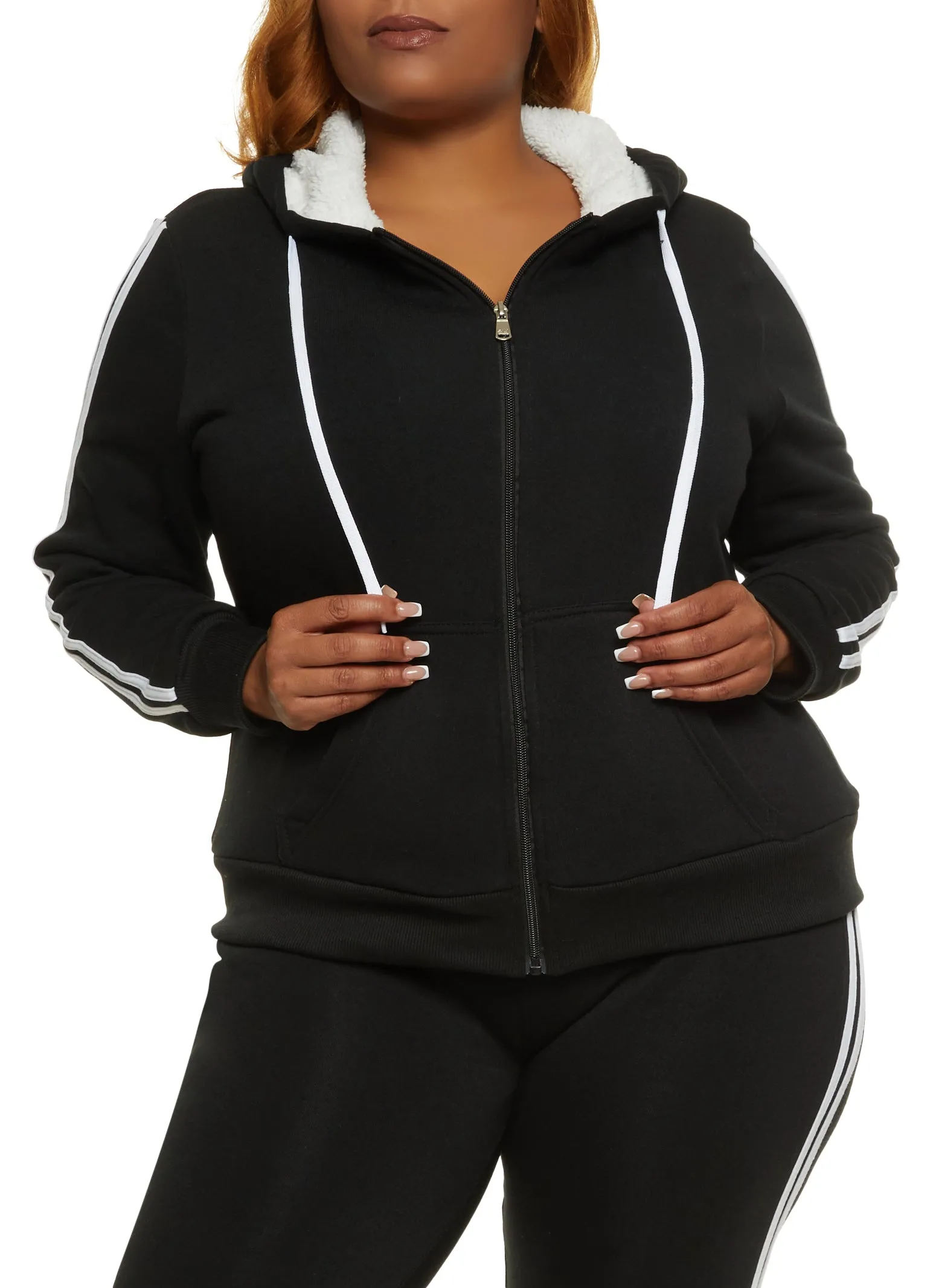 Plus Size Sherpa Lined Varsity Striped Sleeve Zip Hoodie sold by Rainbow