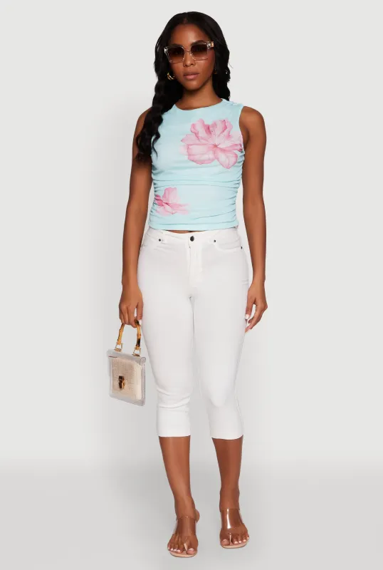 Iris Mesh Floral Print Ruched Crop Top sold by Rainbow