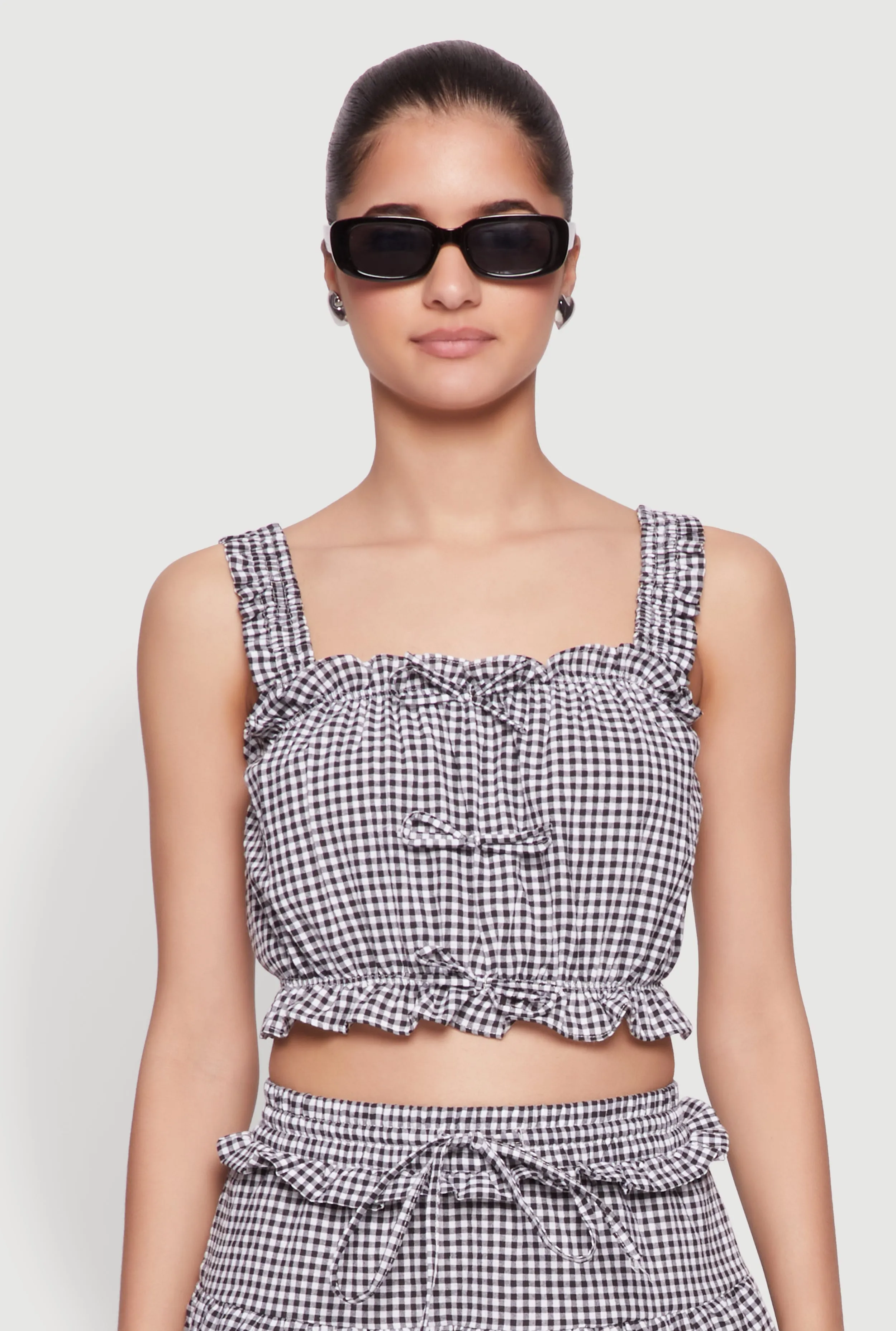 Iris Gingham Square Neck Crop Top with Bows and Ruffles sold by Rainbow