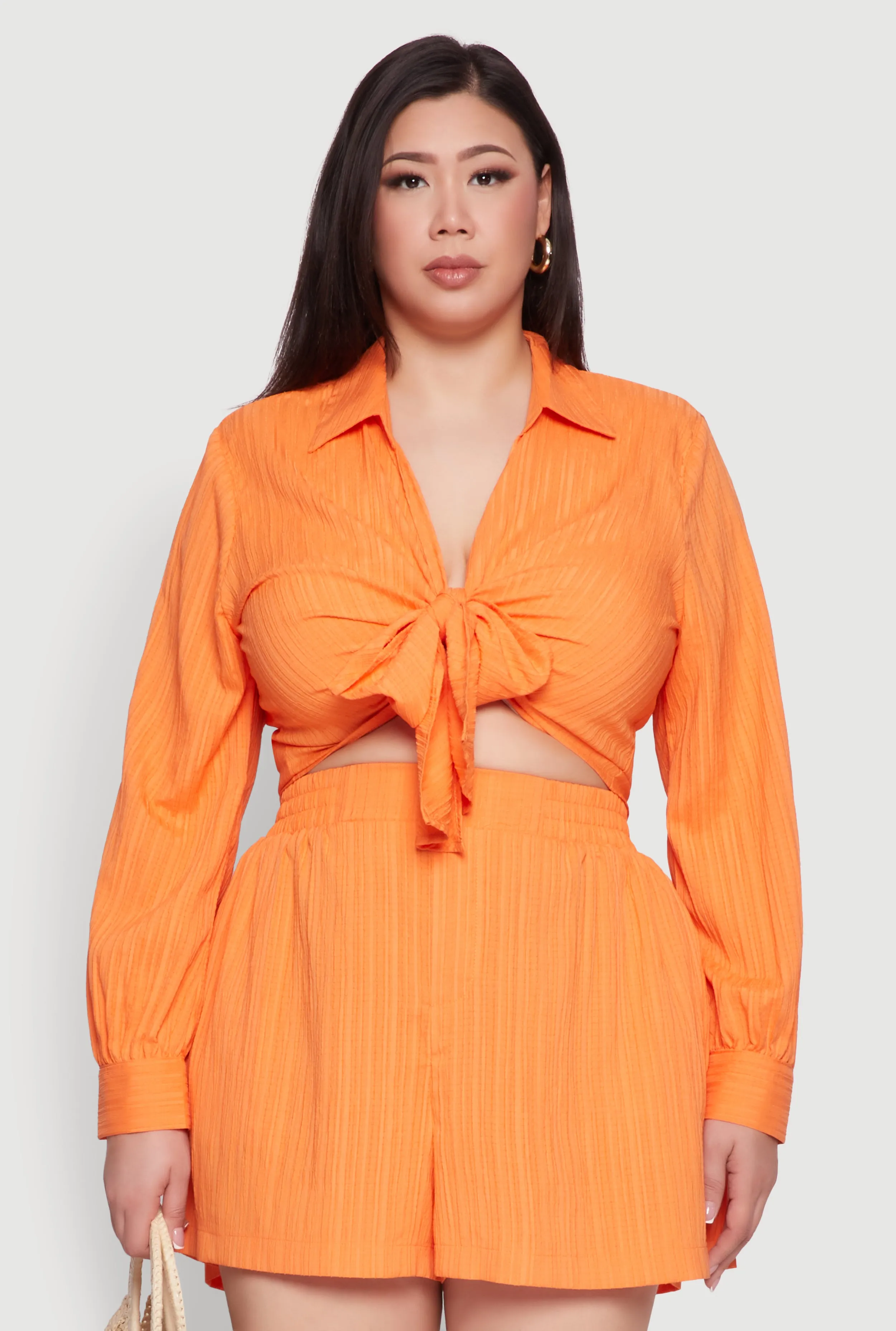 Plus Size Textured Knit Tie Front Crop Top sold by Rainbow