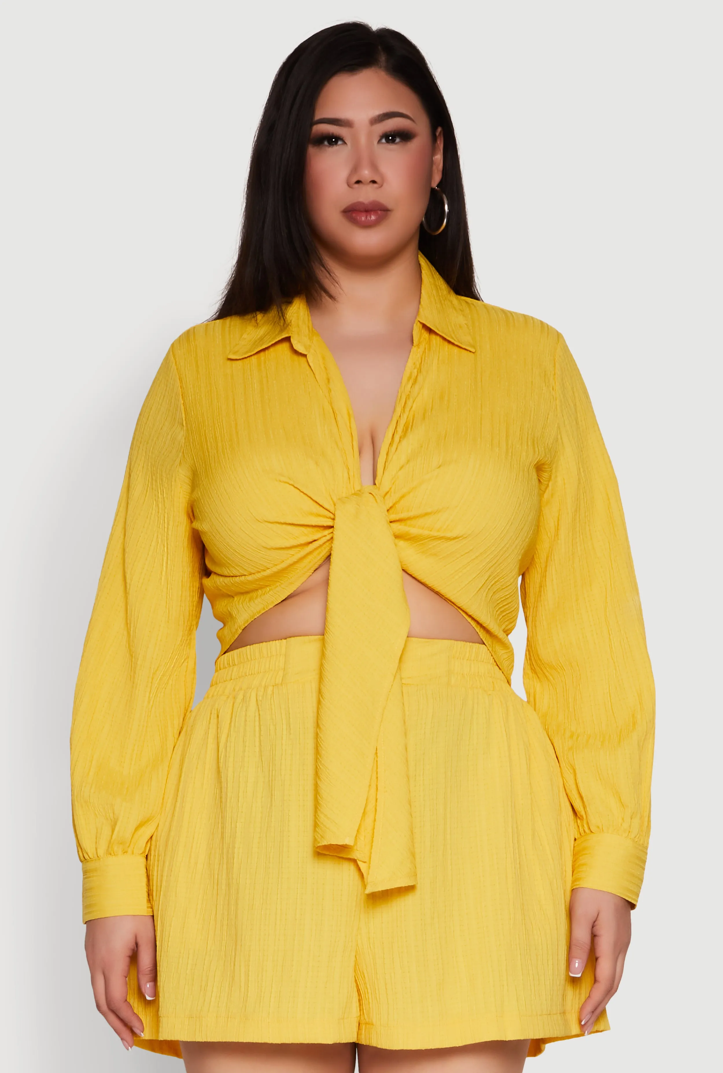 Plus Size Textured Knit Tie Front Crop Top sold by Rainbow