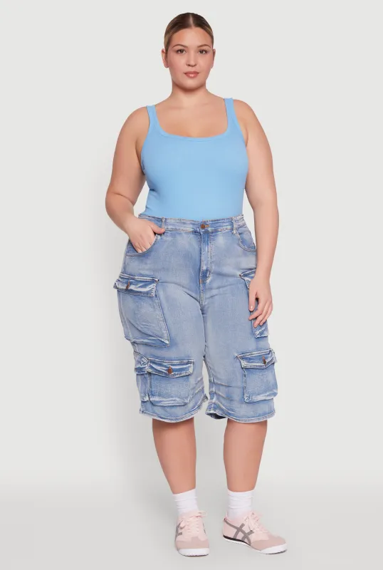 Plus Size Daisy Denim Cargo Pocket Bermuda Shorts sold by Rainbow