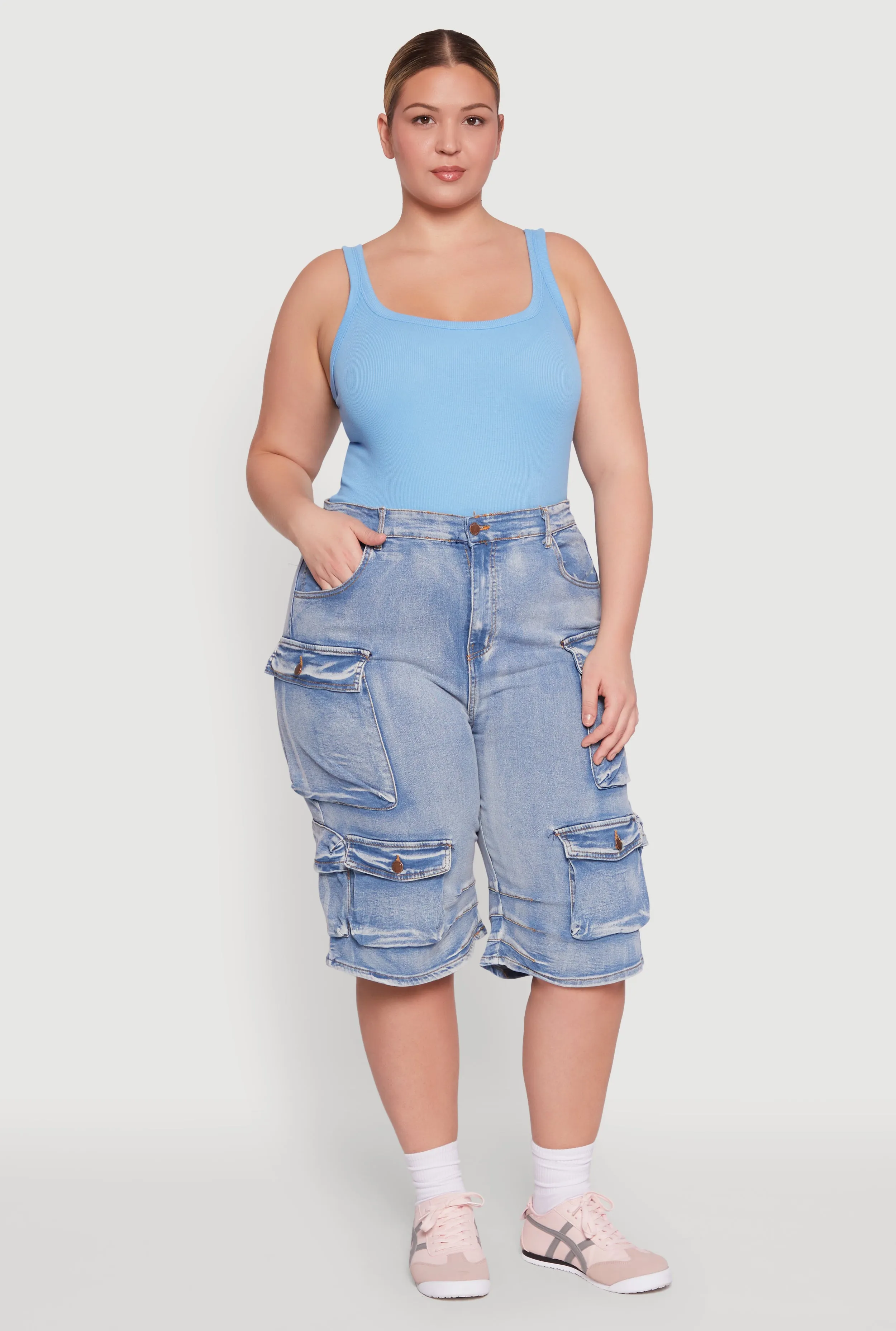 Plus Size Daisy Denim Cargo Pocket Bermuda Shorts sold by Rainbow