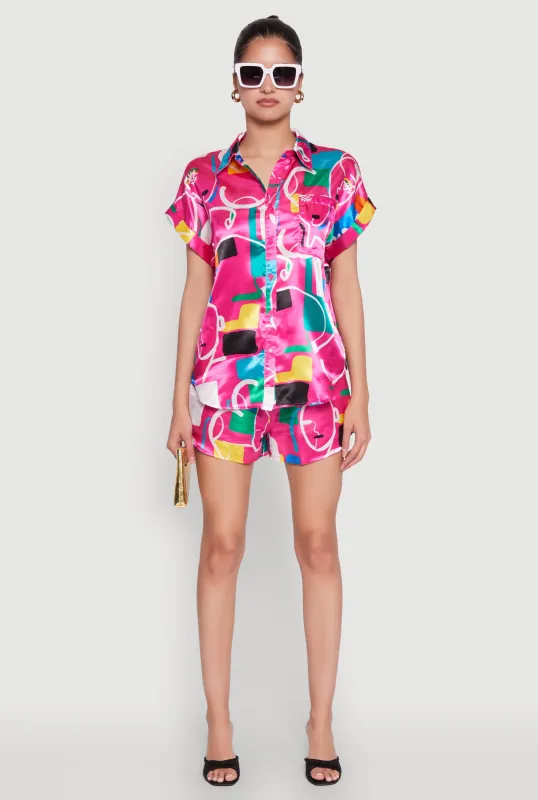 Satin Geometric Print High Waisted Shorts sold by Rainbow