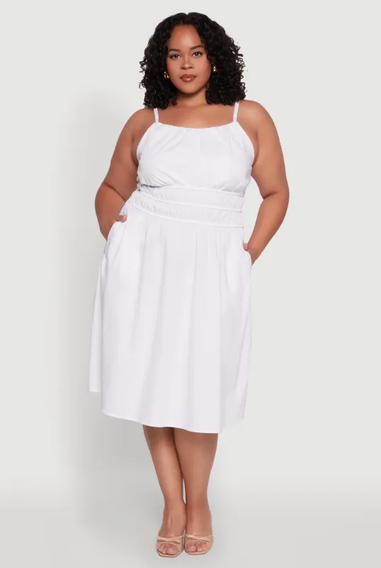 Plus Size Smocked Waist Poplin Midi Dress sold by Rainbow