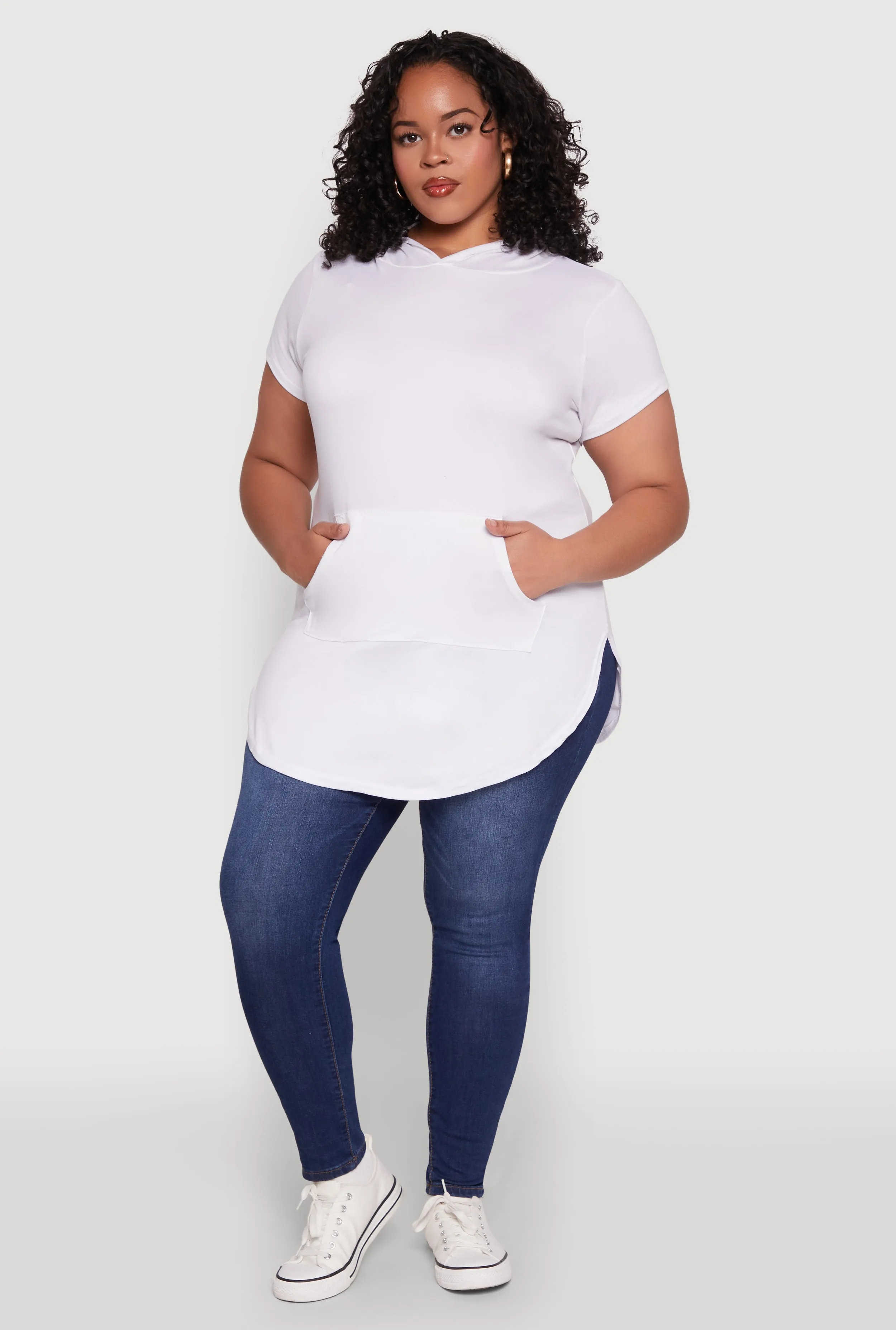 Plus Size Kangaroo Pocket Side Slit Hooded Tee sold by Rainbow