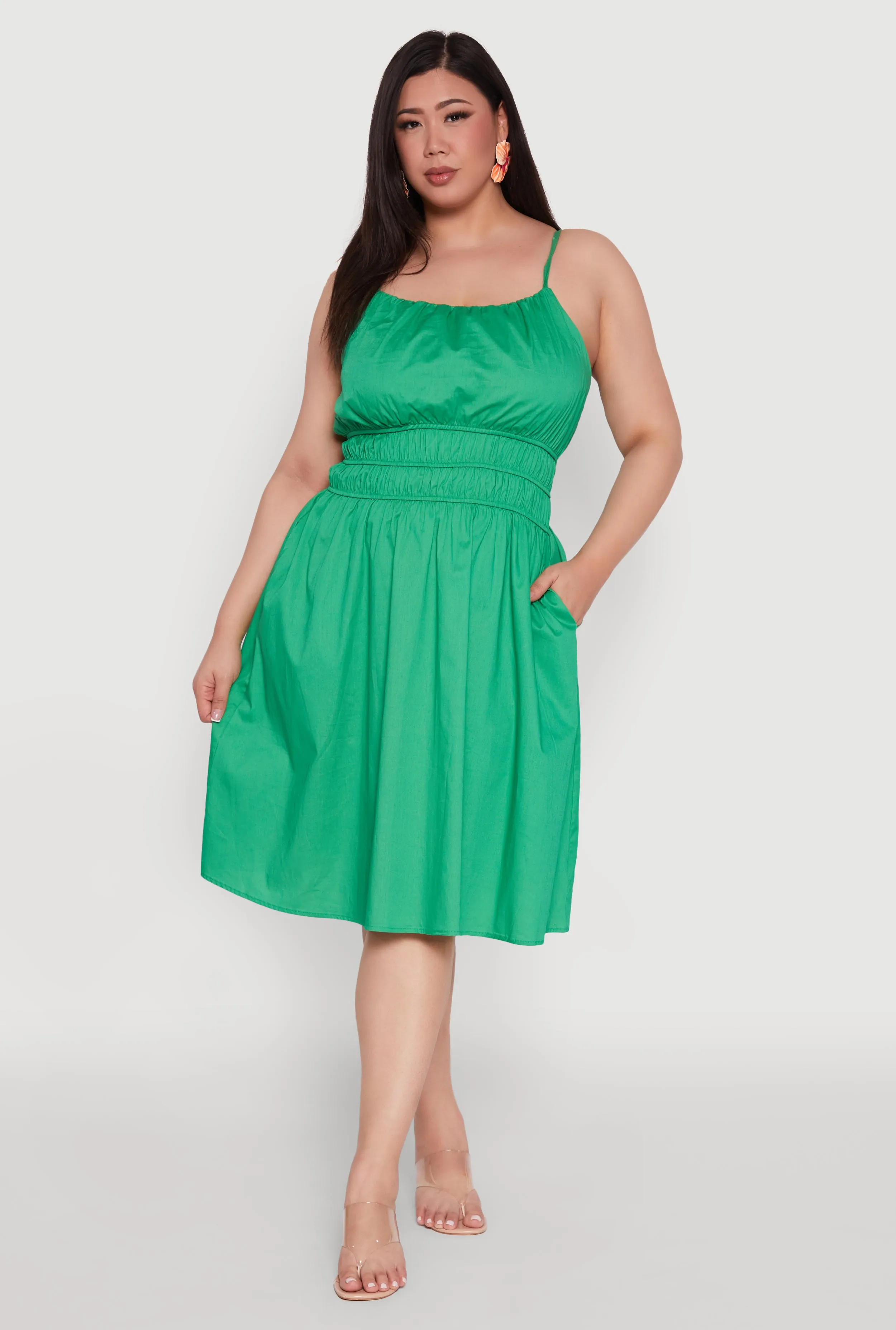 Plus Size Smocked Waist Poplin Midi Dress sold by Rainbow