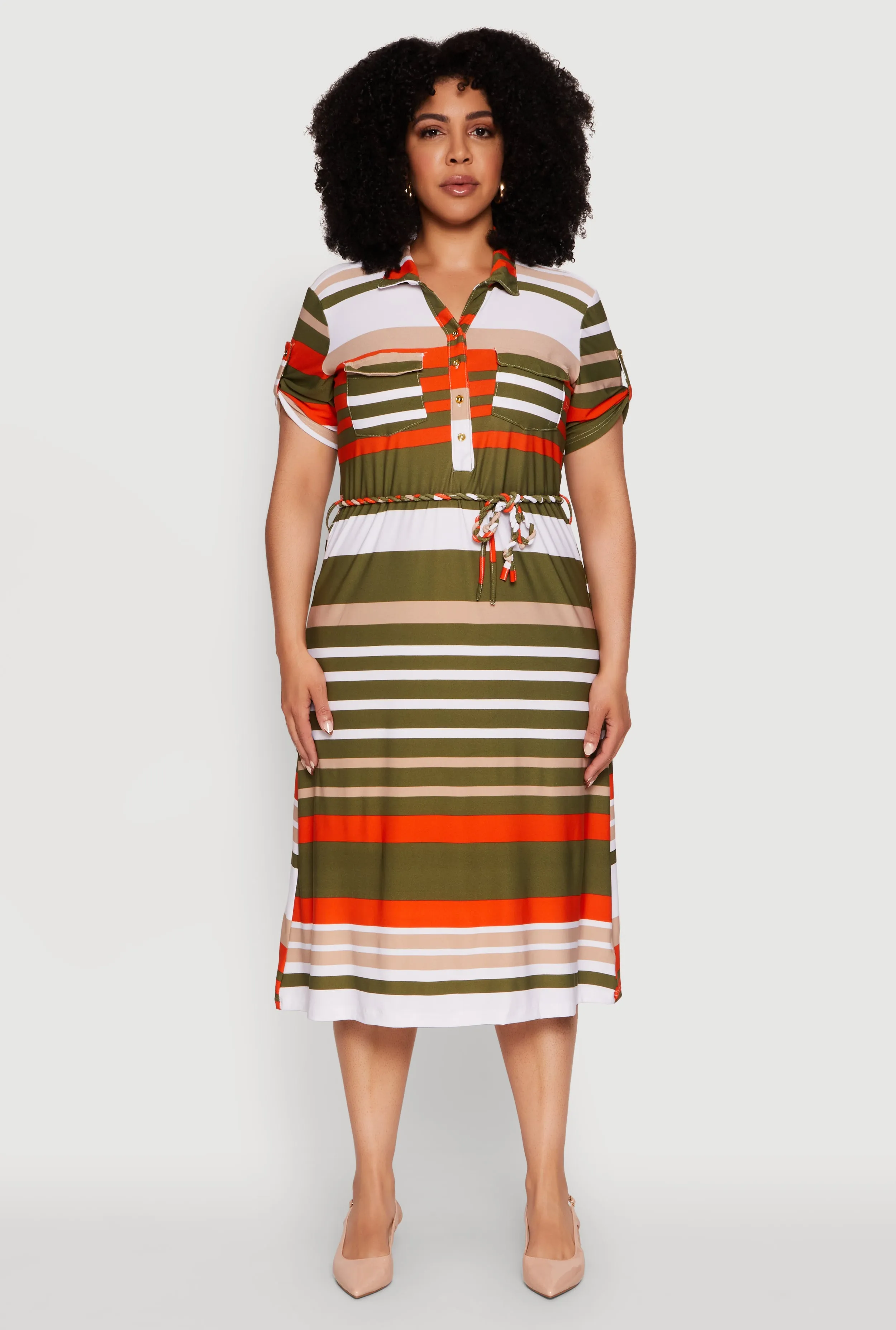 Plus Size Stylish Tie Waist Belted Tabbed Sleeve Shirt Dress sold by Rainbow product image thumbnail 2