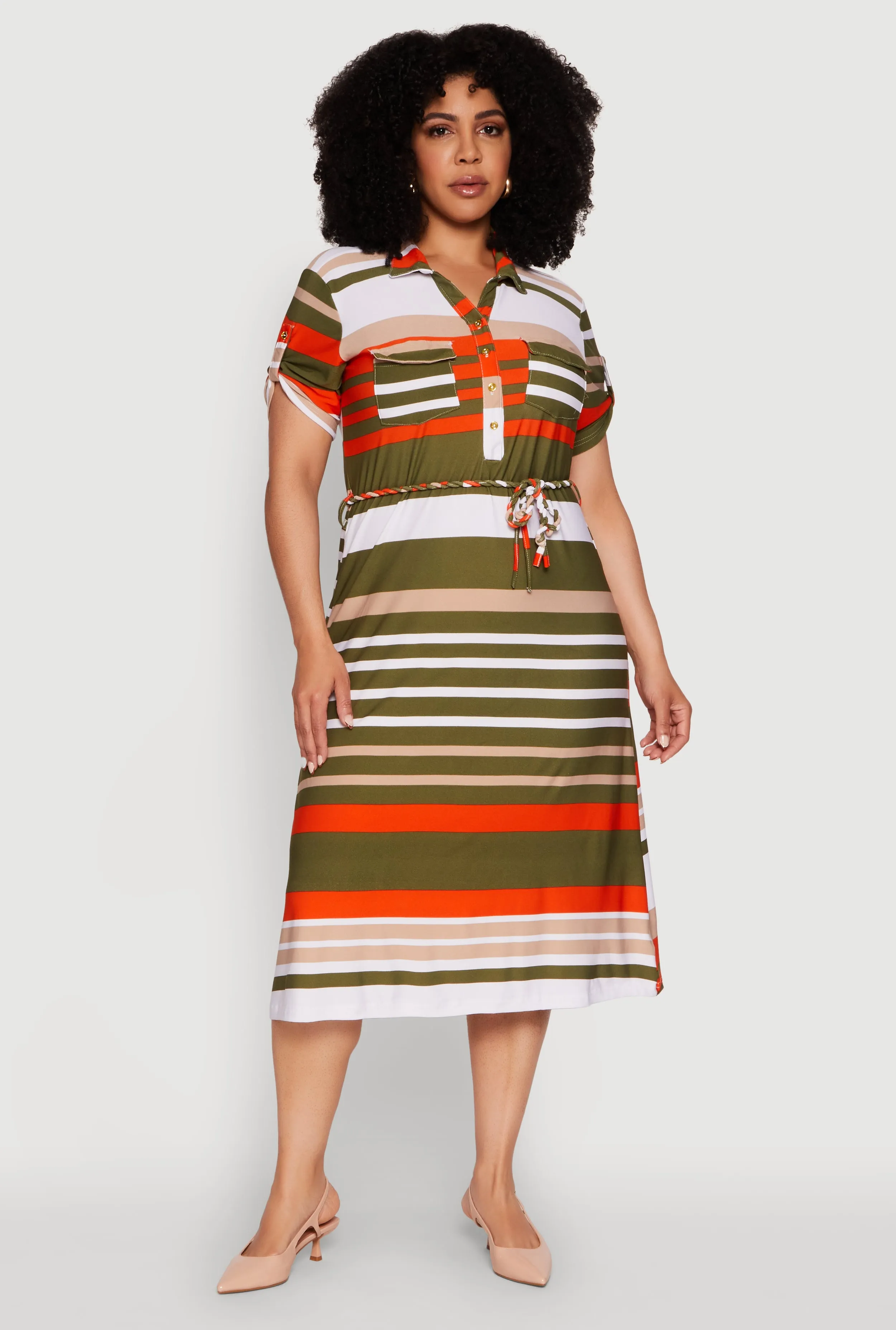 Plus Size Stylish Tie Waist Belted Tabbed Sleeve Shirt Dress sold by Rainbow