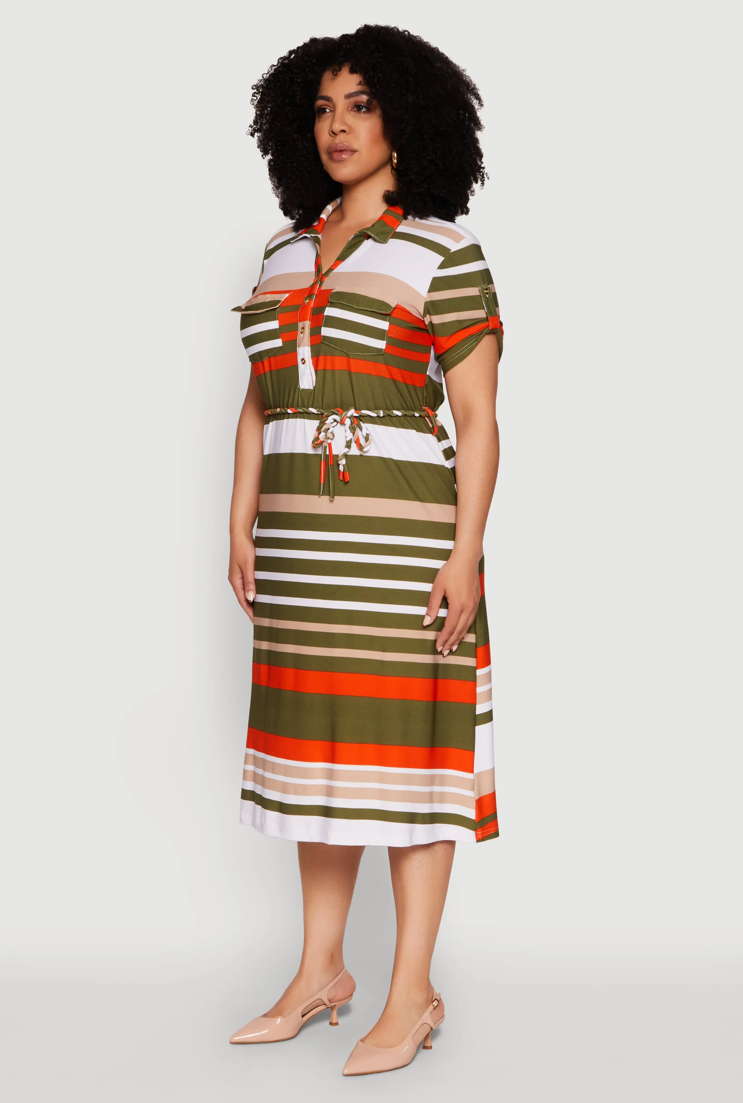 Plus Size Stylish Tie Waist Belted Tabbed Sleeve Shirt Dress sold by Rainbow product image thumbnail 3