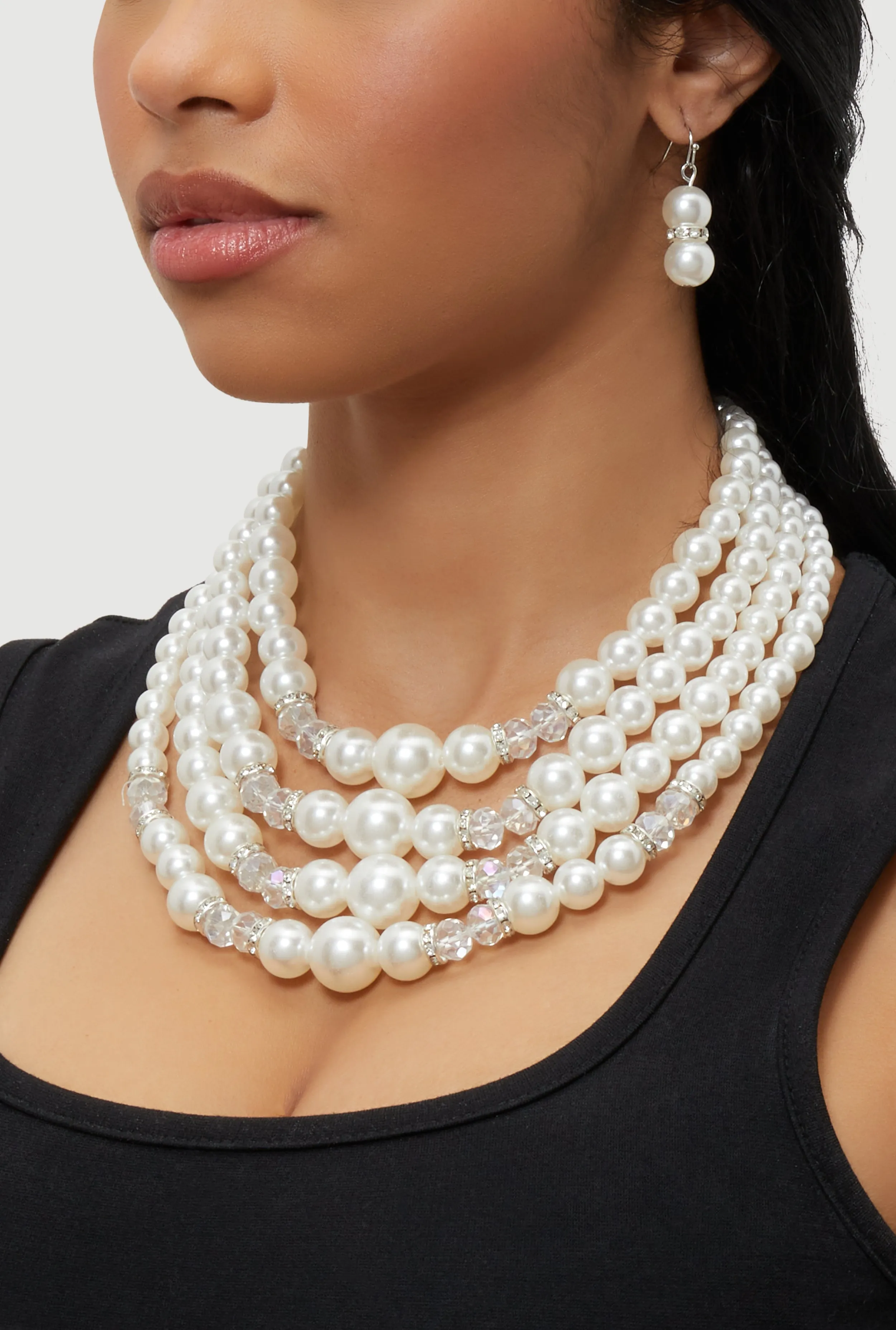 Faux Pearl Rhinestone Beaded Layered Necklace with Drop Earrings sold by Rainbow product image thumbnail 2