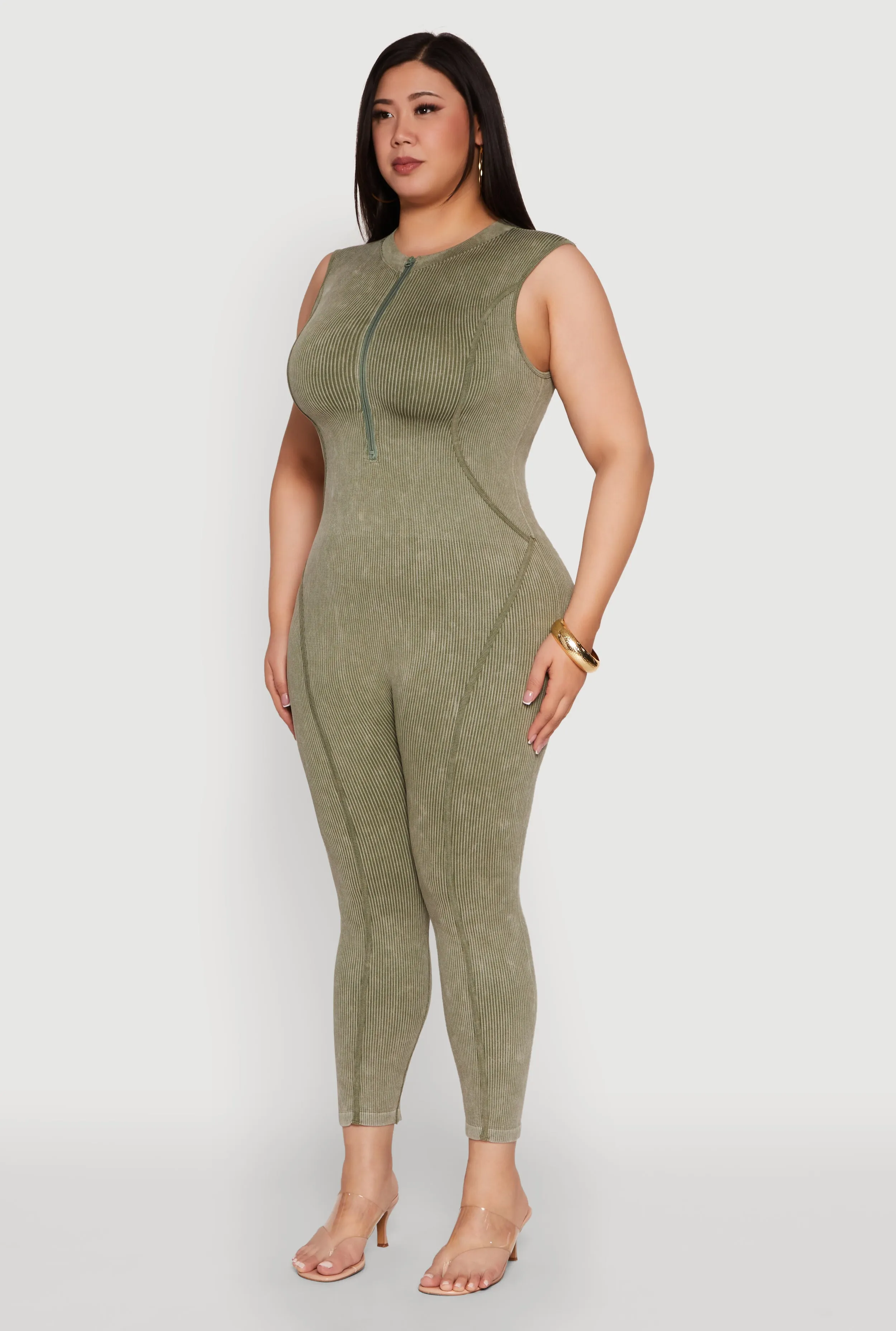 Seamless Ribbed Knit Sleeveless Jumpsuit with Zip Neck sold by Rainbow product image thumbnail 3