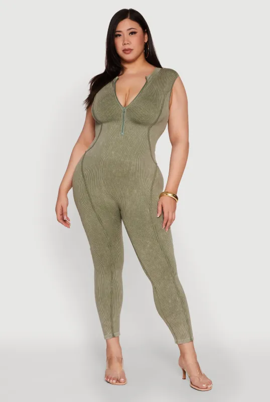 Seamless Ribbed Knit Sleeveless Jumpsuit with Zip Neck sold by Rainbow