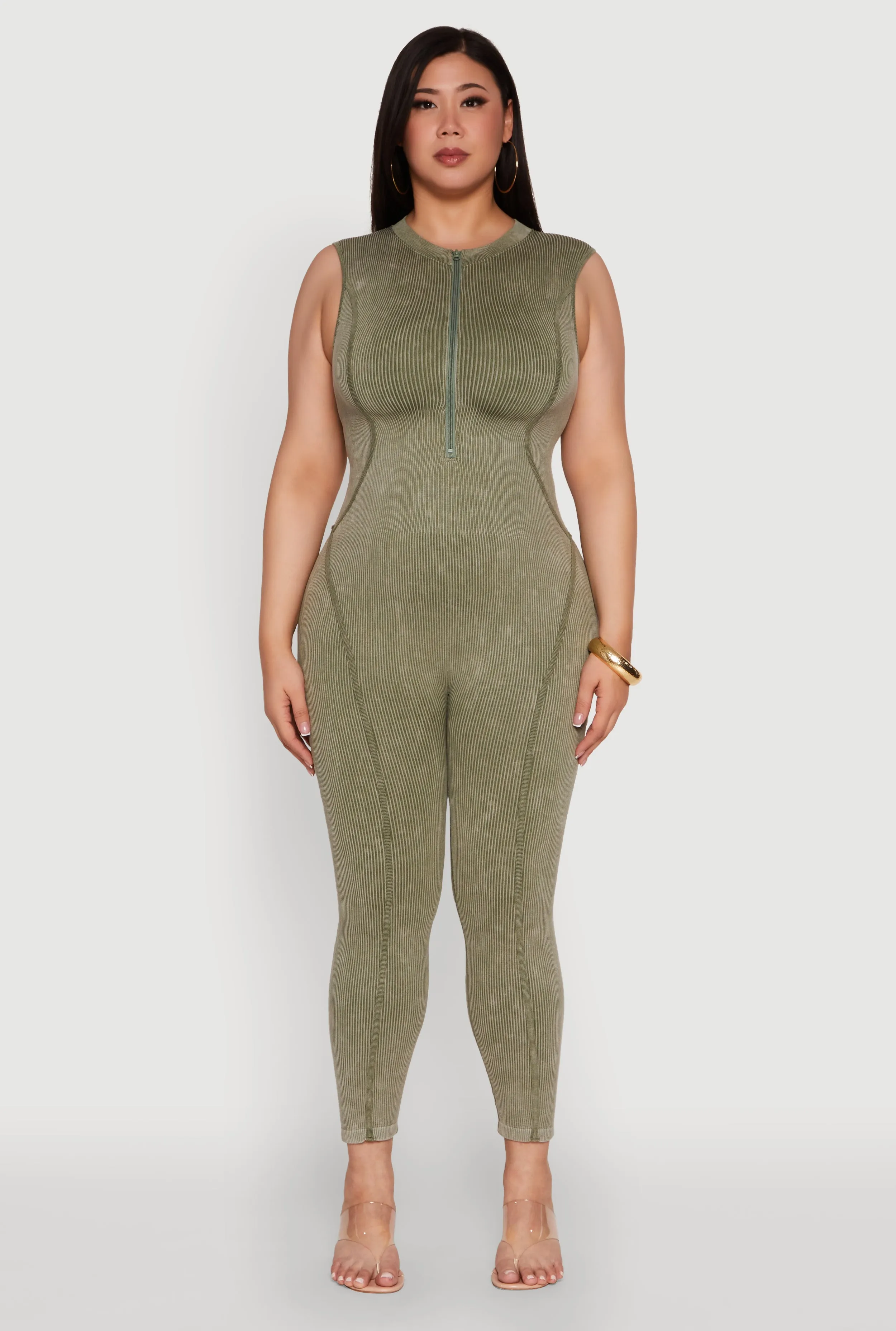 Seamless Ribbed Knit Sleeveless Jumpsuit with Zip Neck sold by Rainbow product image thumbnail 2