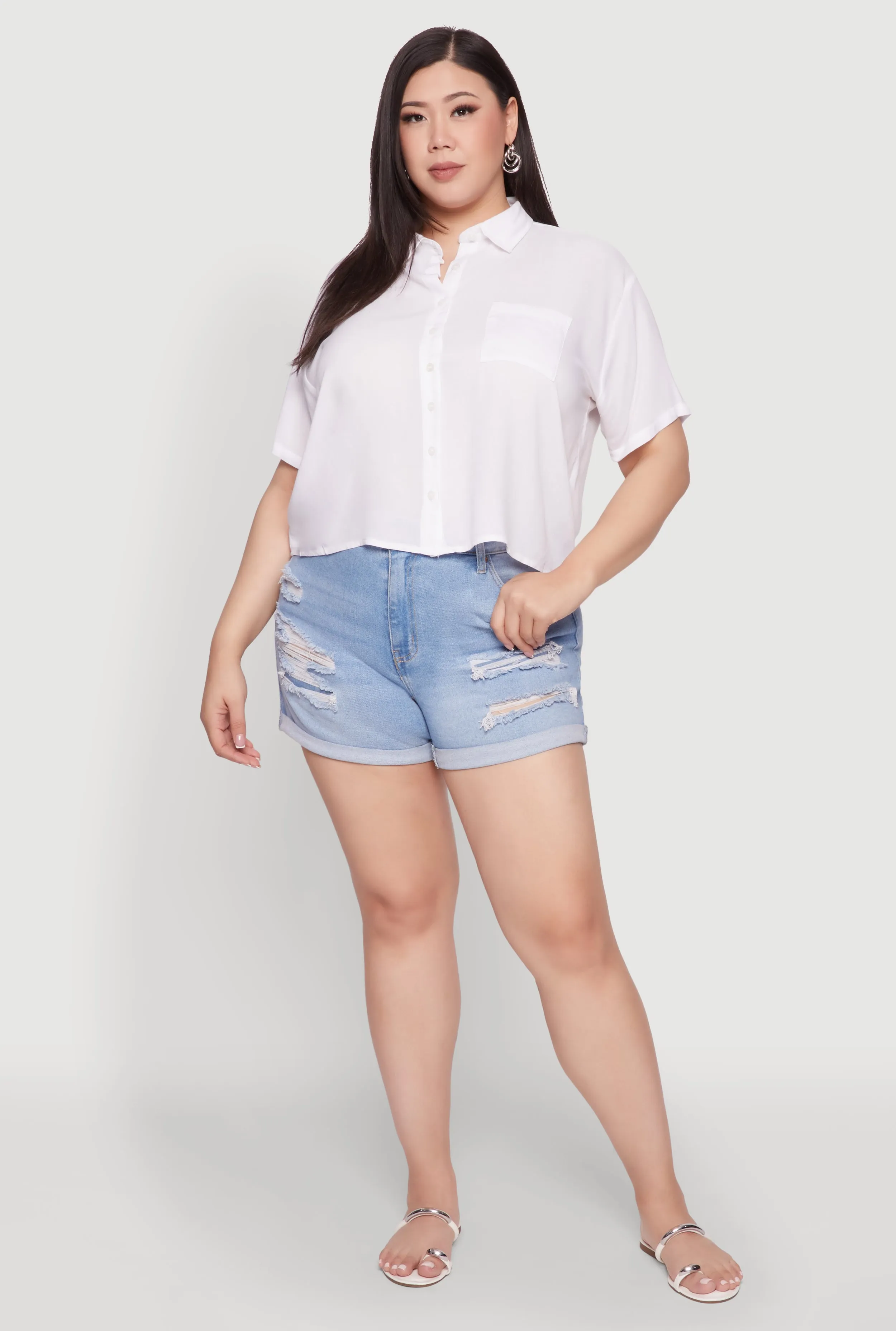 Plus Size Chic Boxy Button Front Short Sleeve Shirt sold by Rainbow