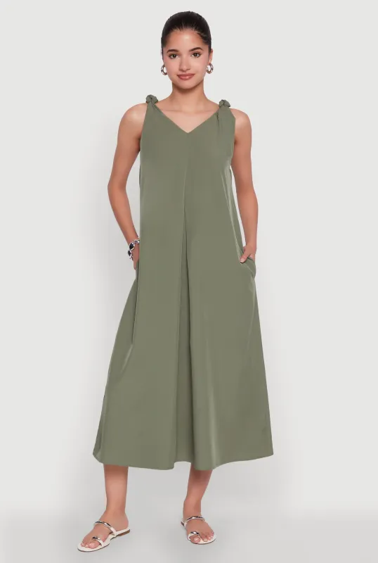 Chic V-Neck Knot Strap Pleated Detail Sundress for Summer sold by Rainbow