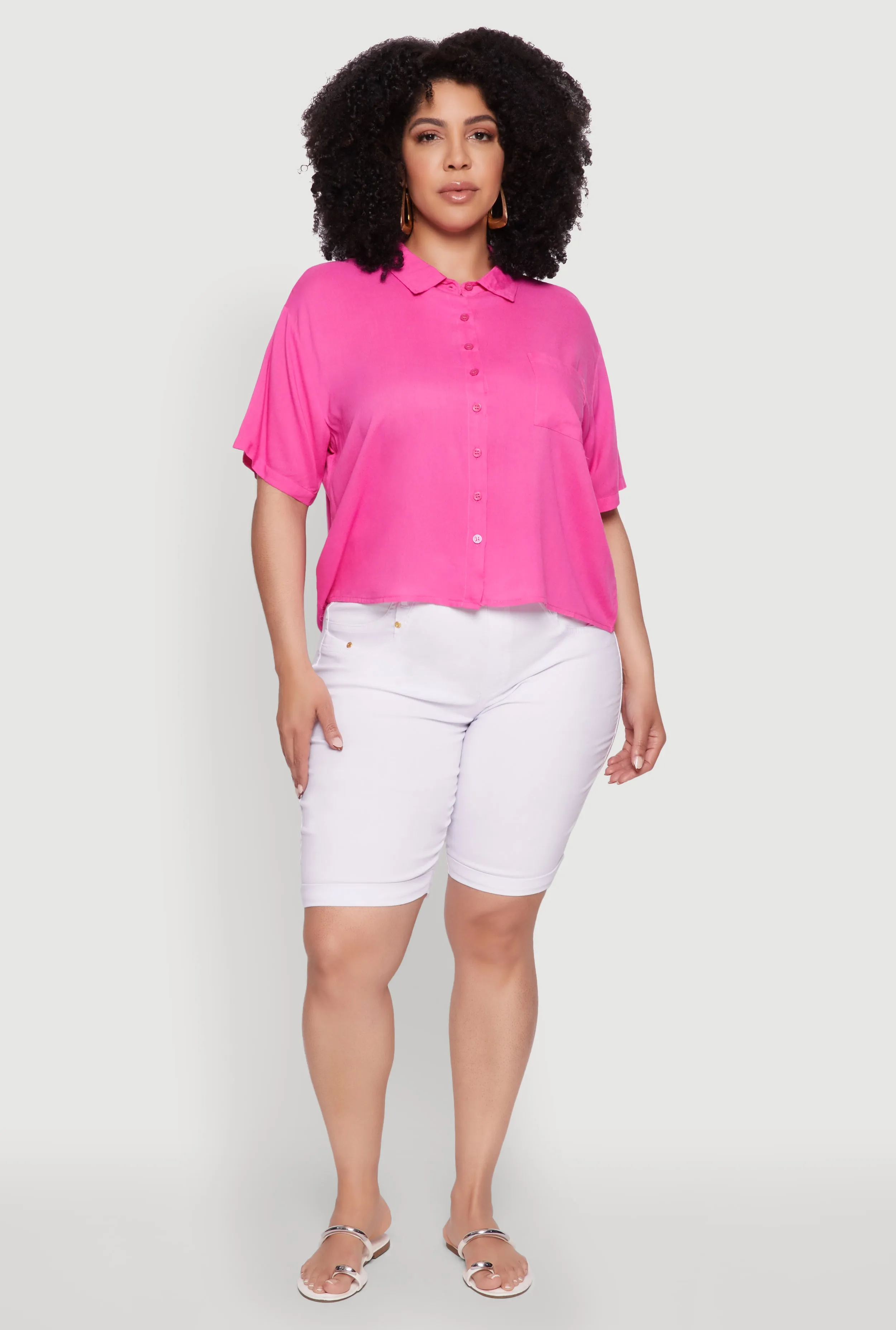 Plus Size Chic Boxy Button Front Short Sleeve Shirt sold by Rainbow