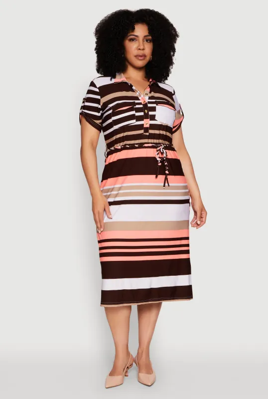 Plus Size Stylish Tie Waist Belted Tabbed Sleeve Shirt Dress sold by Rainbow