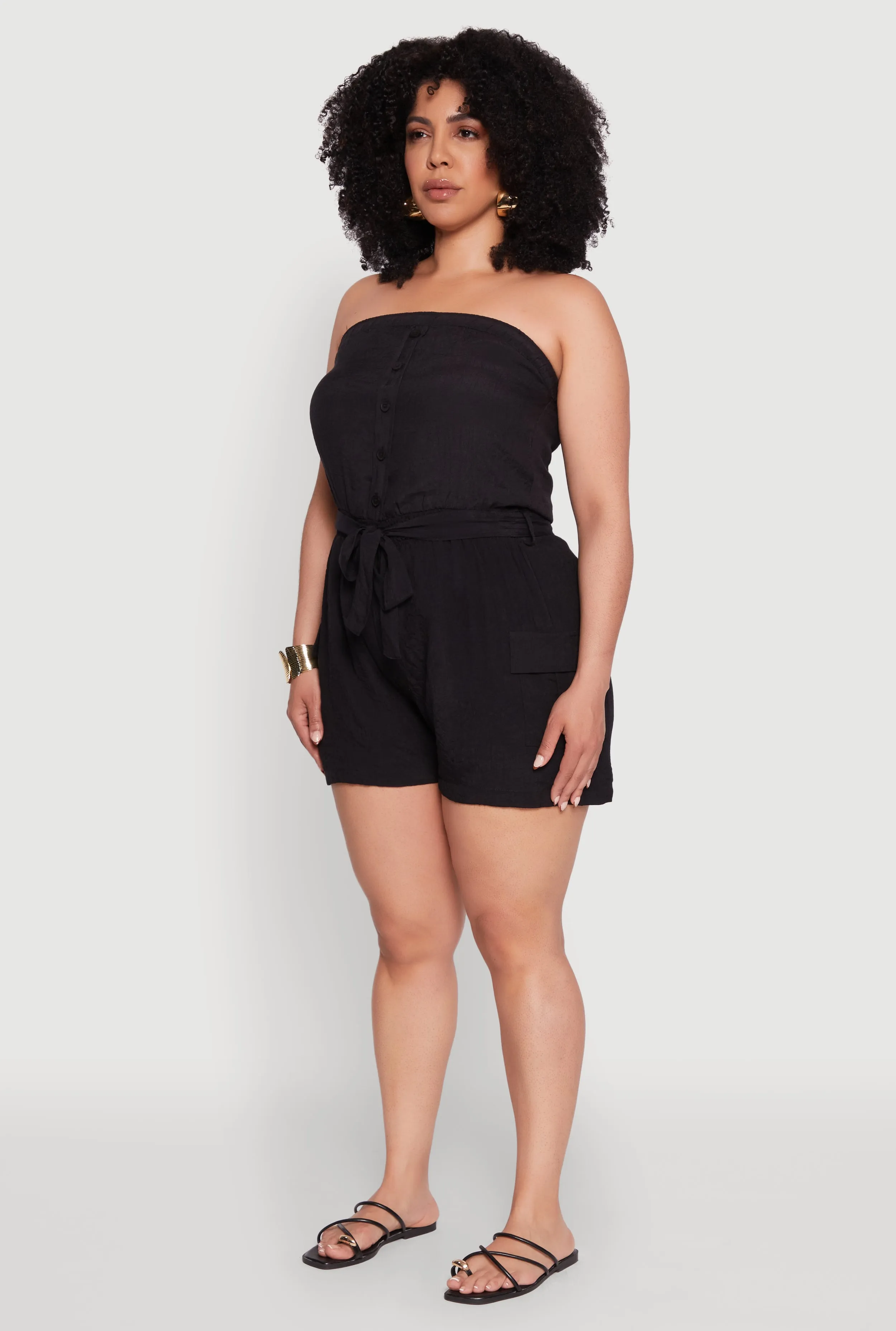 Plus Size Strapless Tie Waist Belted Romper with Faux Buttons sold by Rainbow product image thumbnail 3