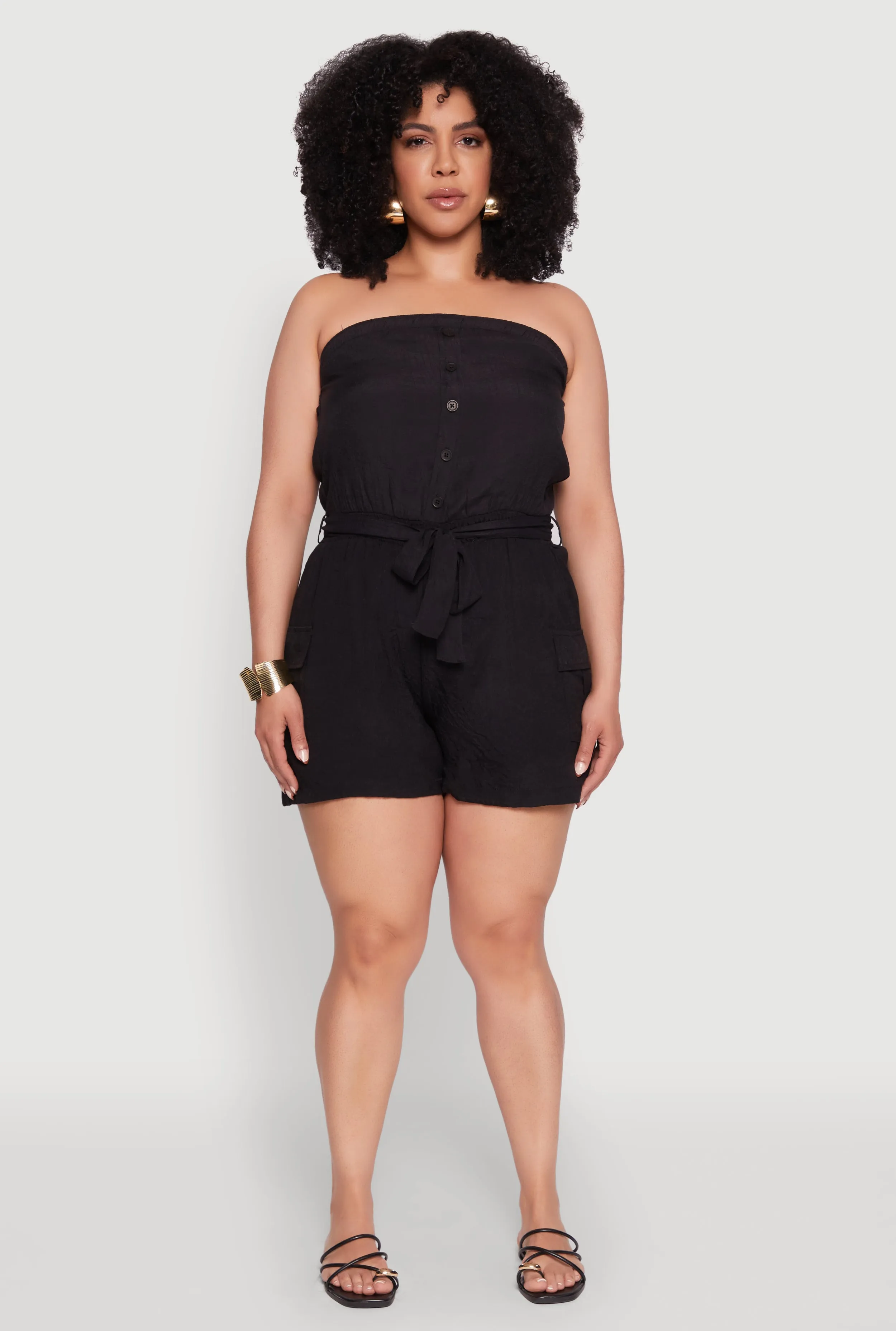Plus Size Strapless Tie Waist Belted Romper with Faux Buttons sold by Rainbow product image thumbnail 2
