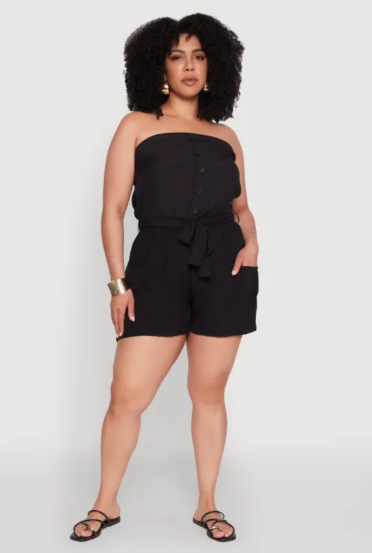 Plus Size Strapless Tie Waist Belted Romper with Faux Buttons sold by Rainbow