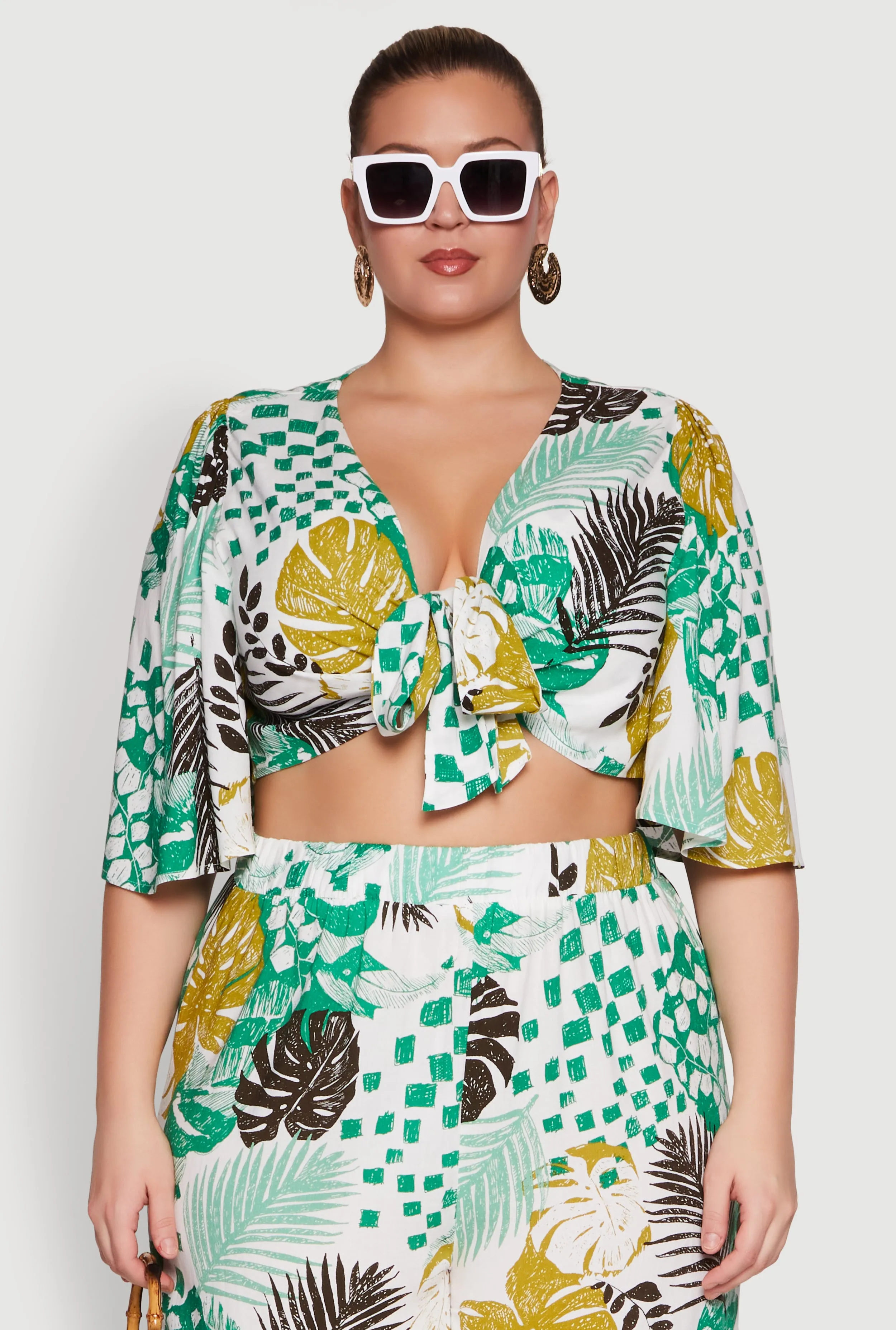 Plus Size Chic Tie Front Cropped Blouse with Flutter Sleeves sold by Rainbow