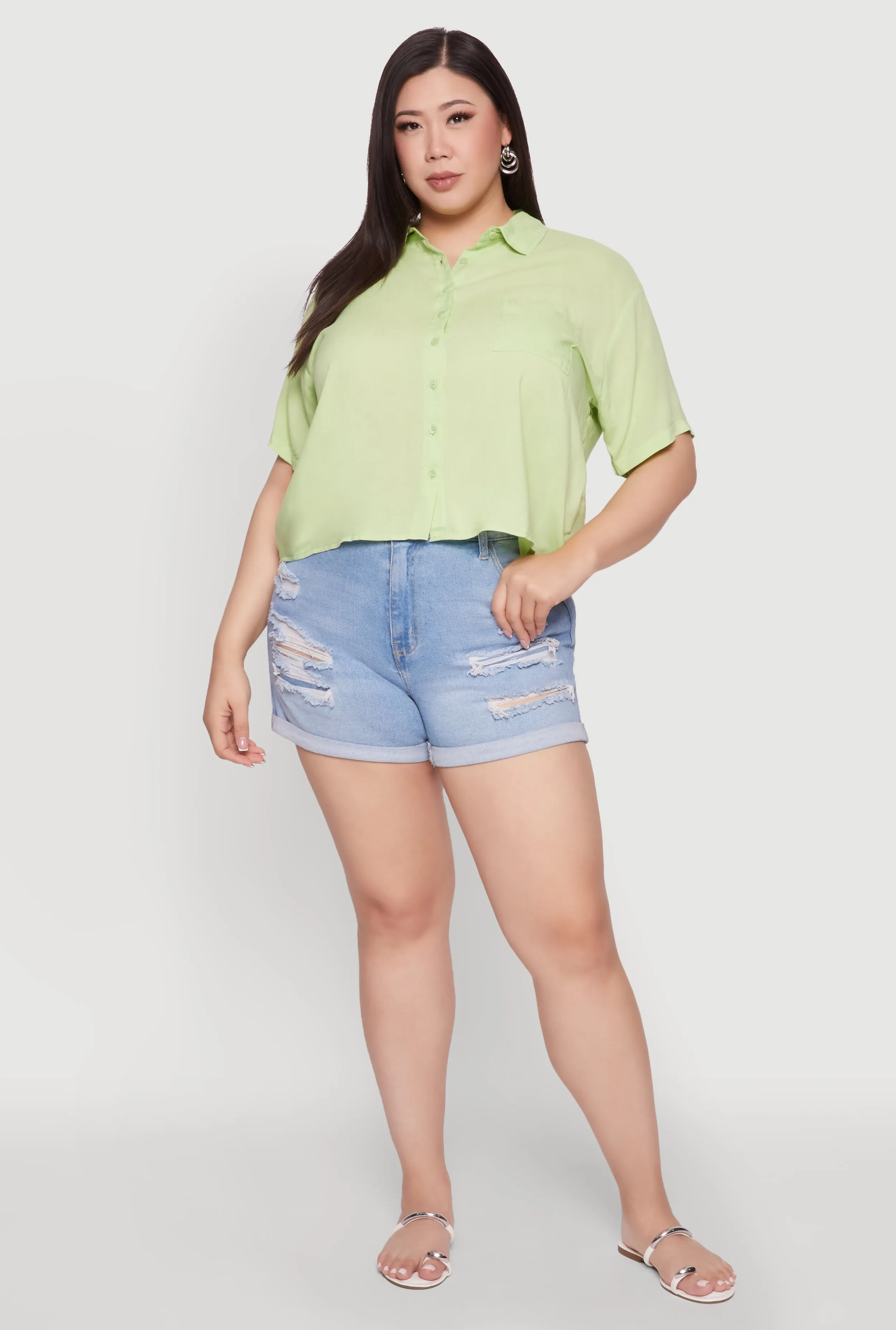 Plus Size Chic Boxy Button Front Short Sleeve Shirt sold by Rainbow