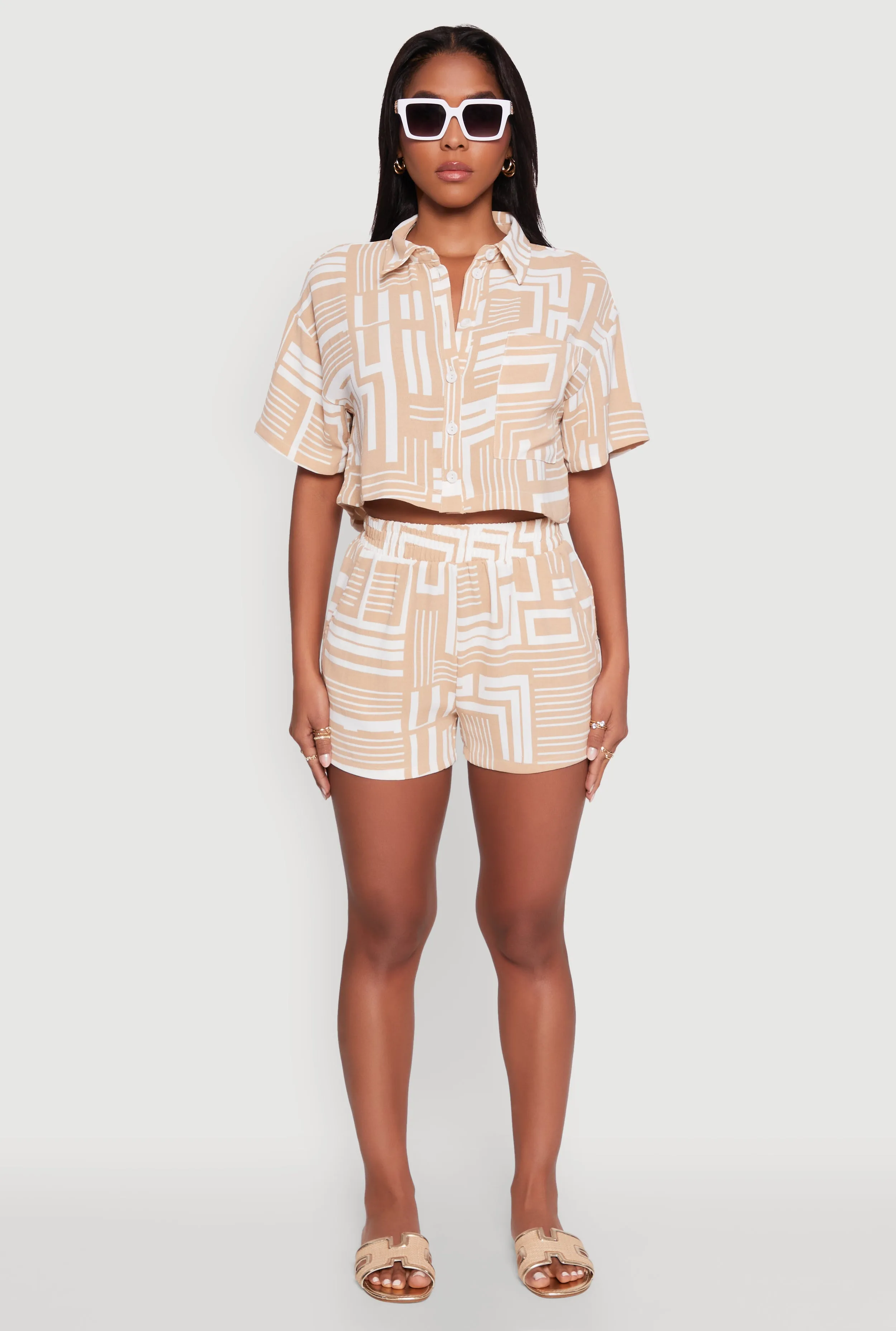 Crepe Knit Geometric Print Cropped Shirt sold by Rainbow product image thumbnail 3