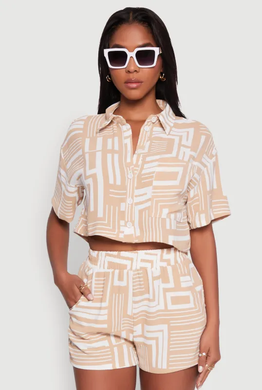 Crepe Knit Geometric Print Cropped Shirt sold by Rainbow