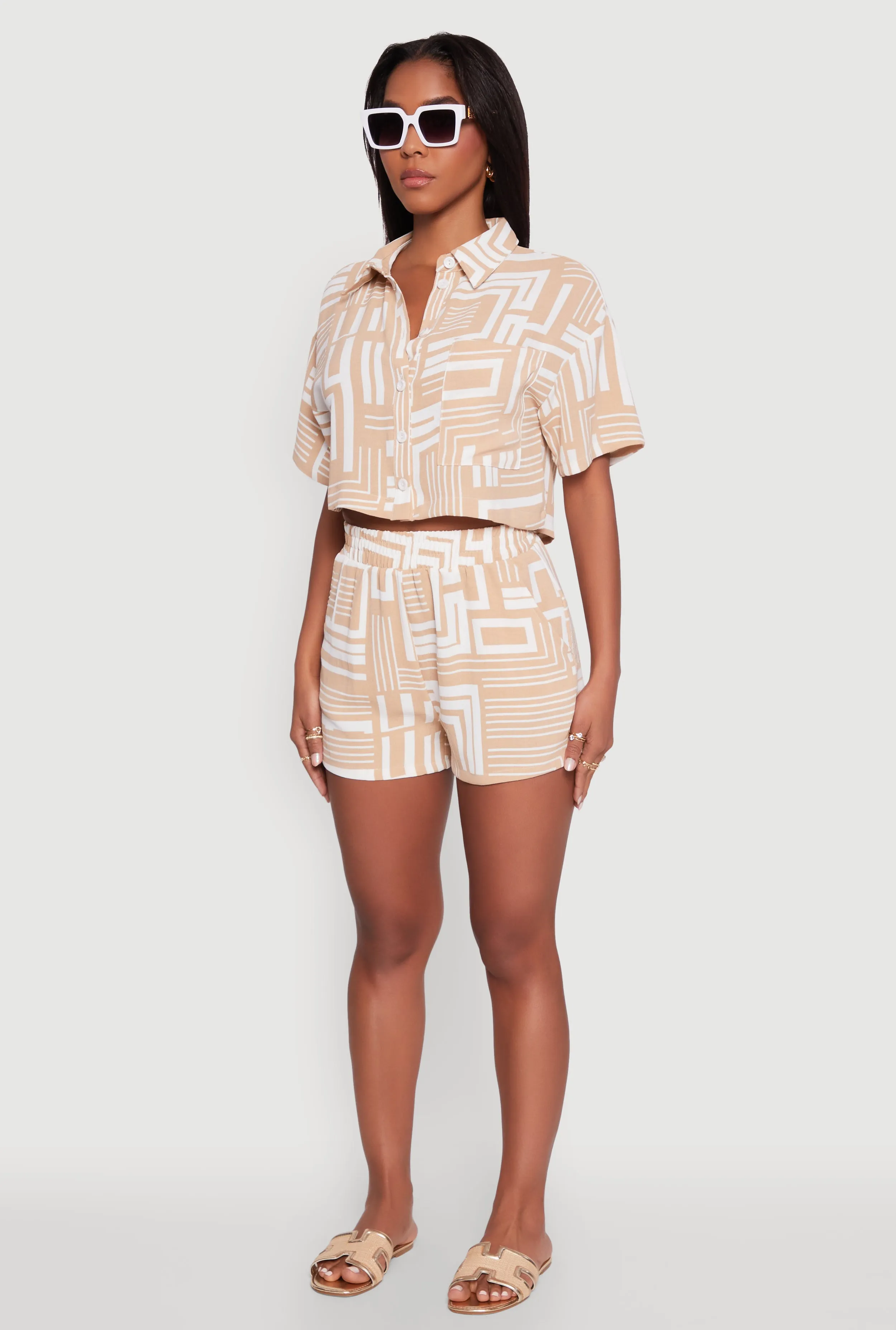 Crepe Knit Geometric Print Cropped Shirt sold by Rainbow product image thumbnail 5