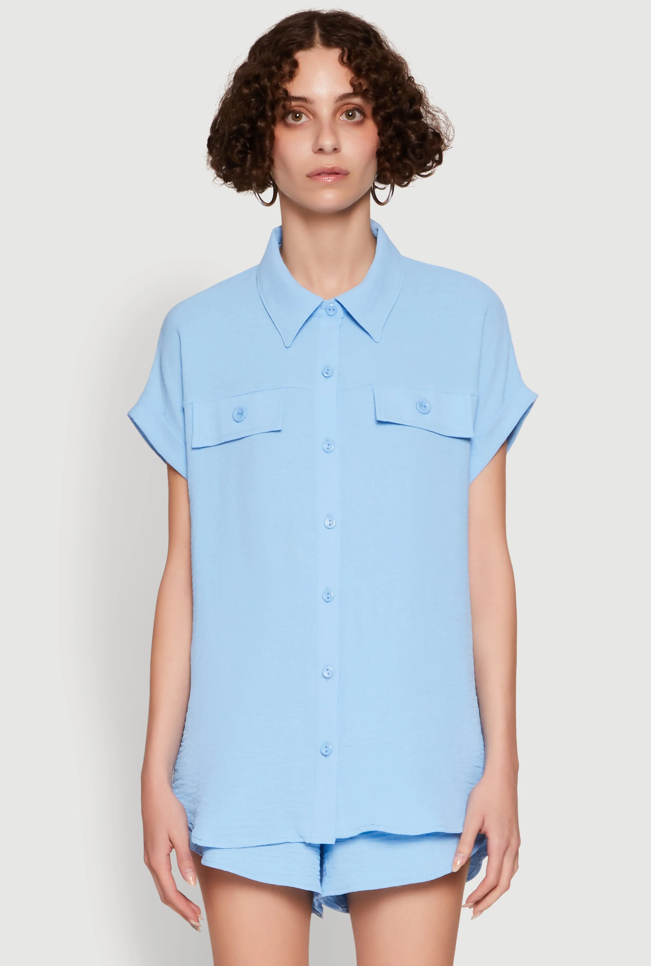 Chic Crepe Knit Button Front Shirt with Flap Pockets sold by Rainbow