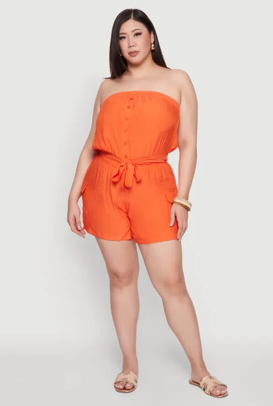 Plus Size Strapless Tie Waist Belted Romper with Faux Buttons sold by Rainbow