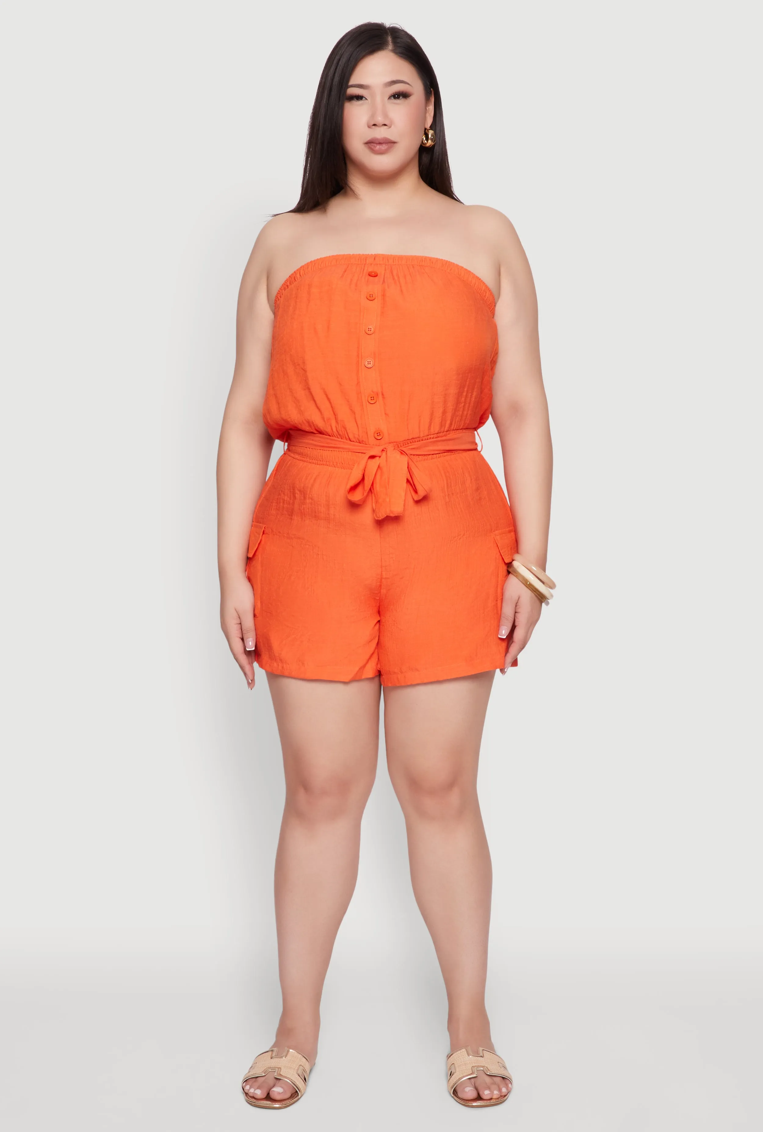 Plus Size Strapless Tie Waist Belted Romper with Faux Buttons sold by Rainbow product image thumbnail 2