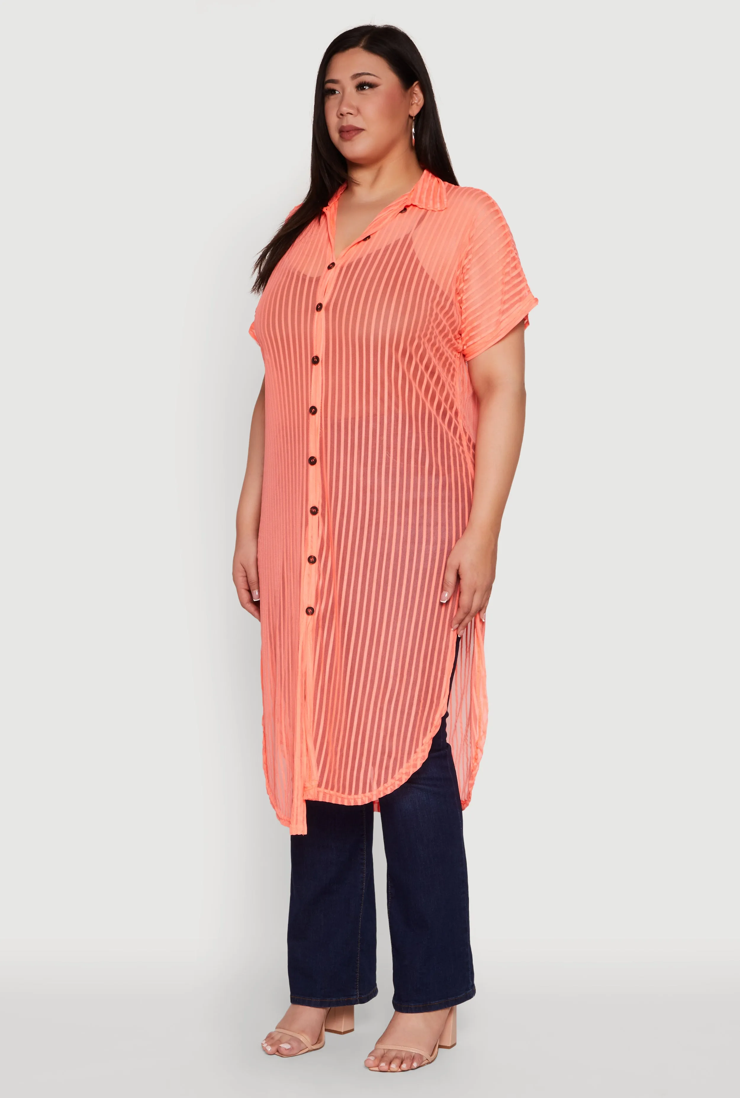 Plus Size Mesh Button Front Side Slit Shirt sold by Rainbow product image thumbnail 3