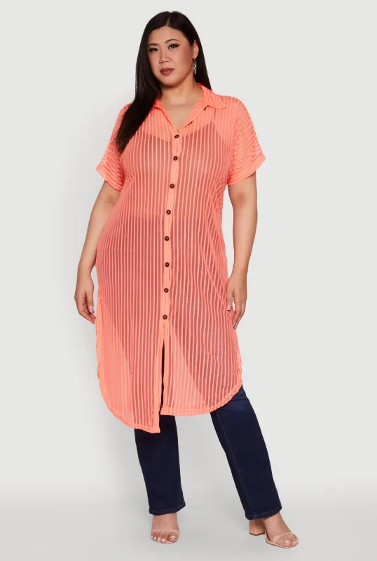 Plus Size Mesh Button Front Side Slit Shirt sold by Rainbow