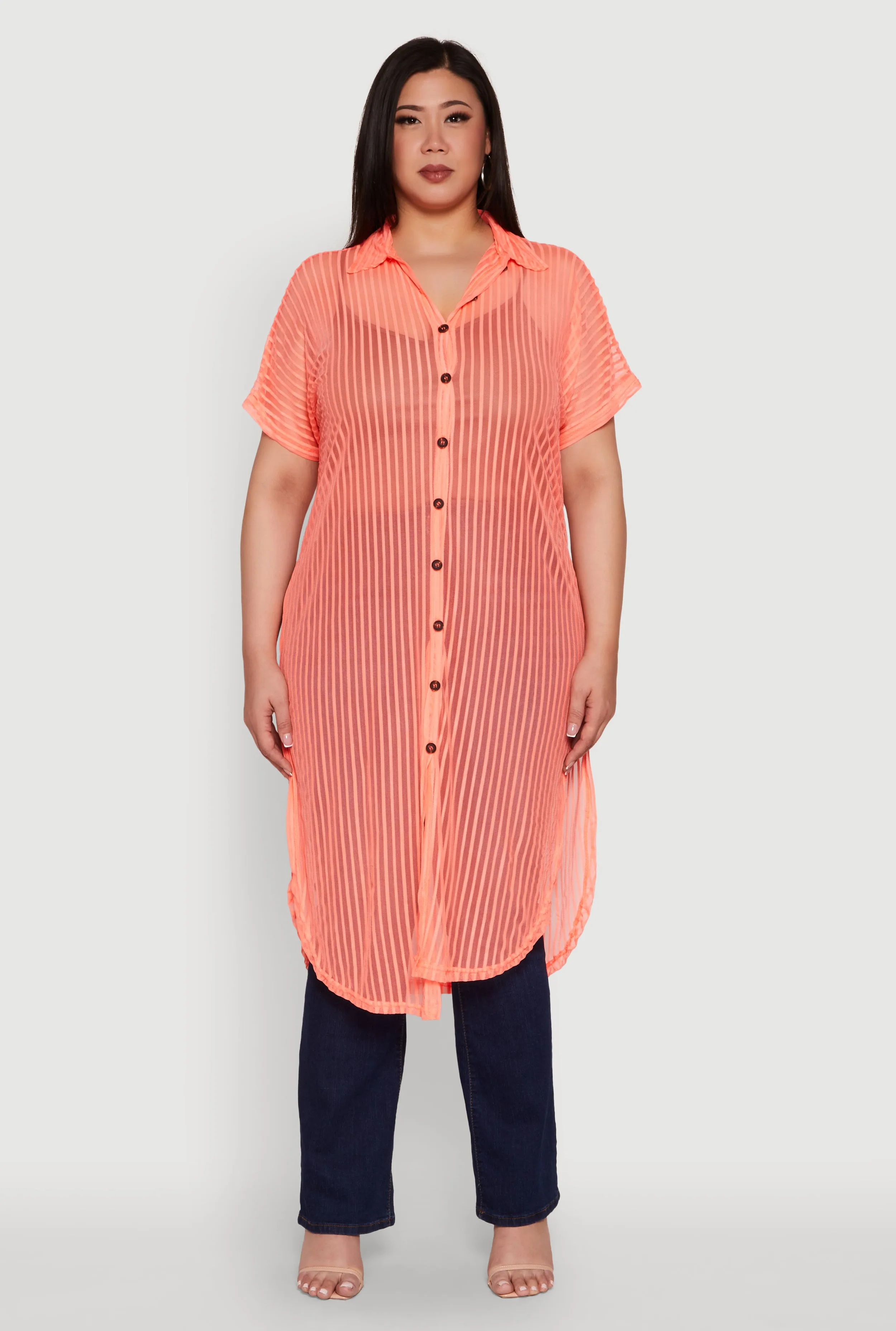 Plus Size Mesh Button Front Side Slit Shirt sold by Rainbow product image thumbnail 2